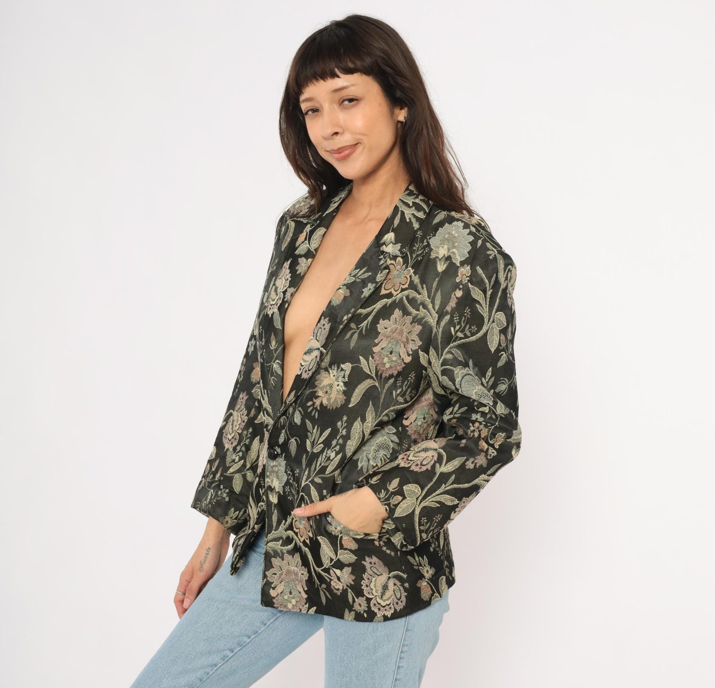 90s Z Cavaricci Floral Jacquard Blazer Black Tapestry Cotton Medium M