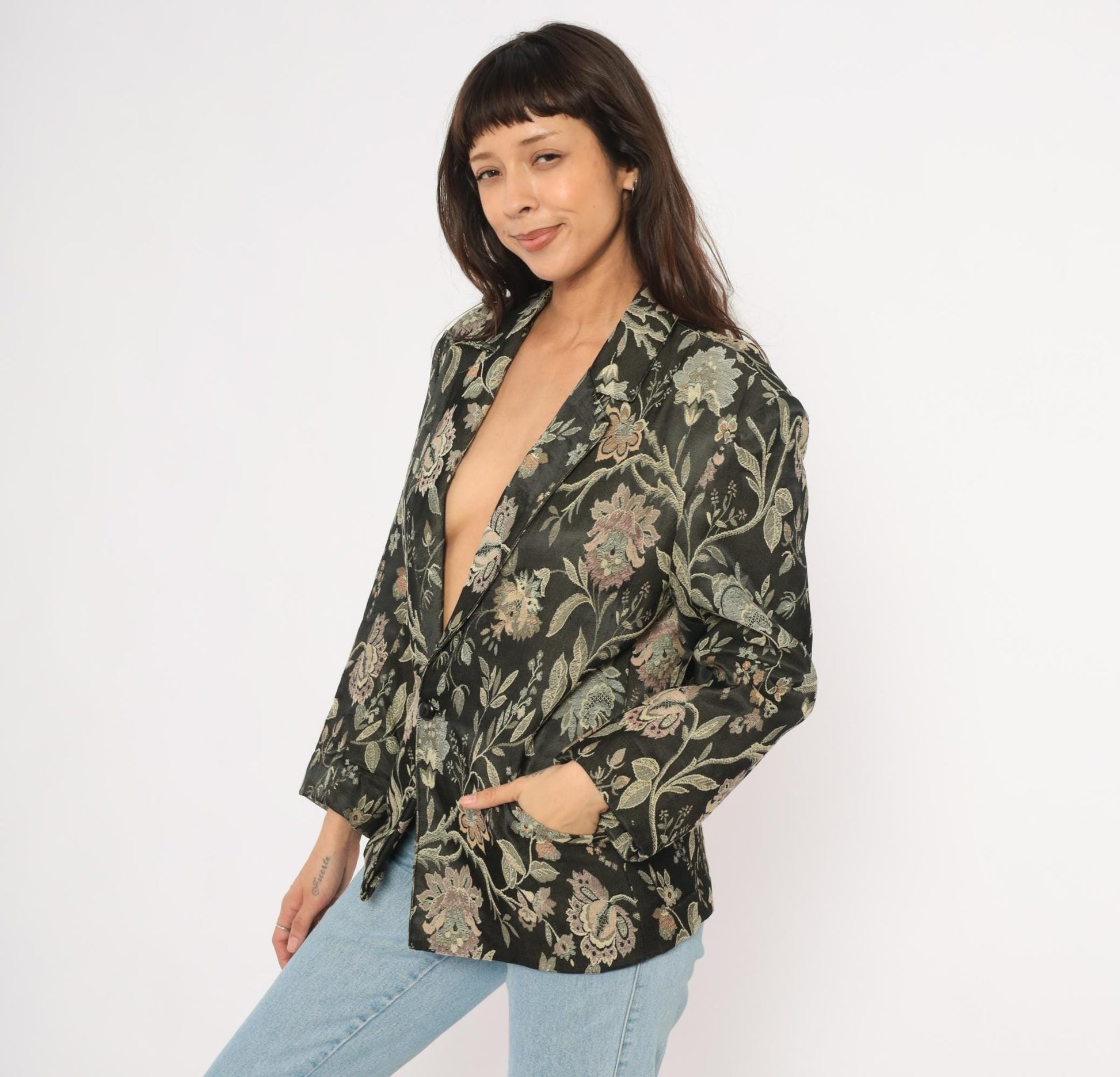 90s Z Cavaricci Floral Jacquard Blazer Black Tapestry Cotton Medium M
