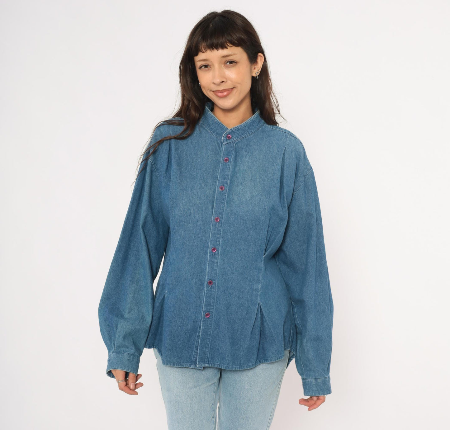 90s International Male Denim Shirt Mandarin Collar Button Front Blue Chambray Large L
