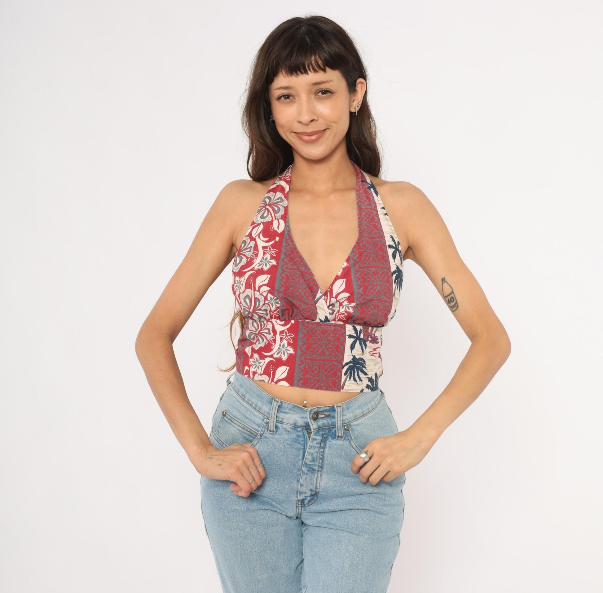 Y2K Hawaiian Halter Crop Top Tropical Print Red Navy Cream Small S