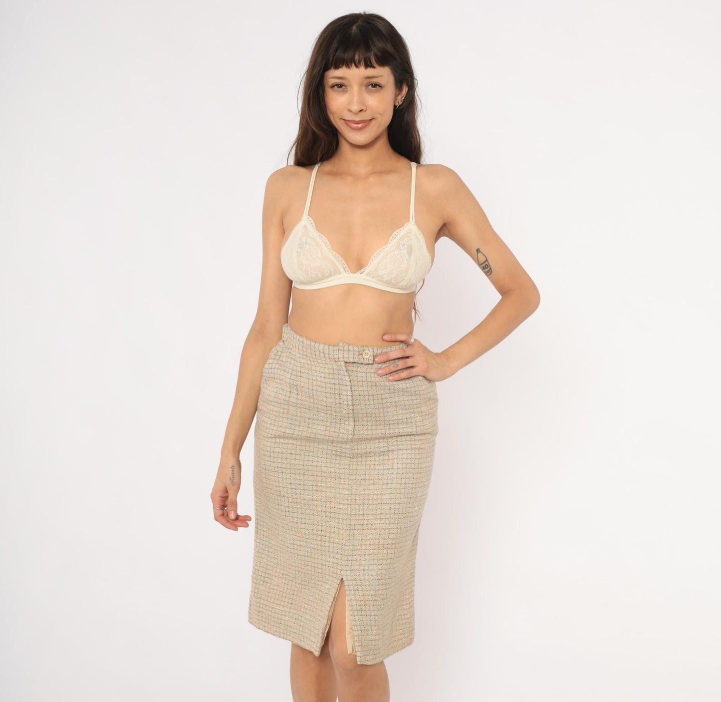 70s John Meyer Tweed Pencil Skirt Tan Houndstooth Check Knee Length Wool Small