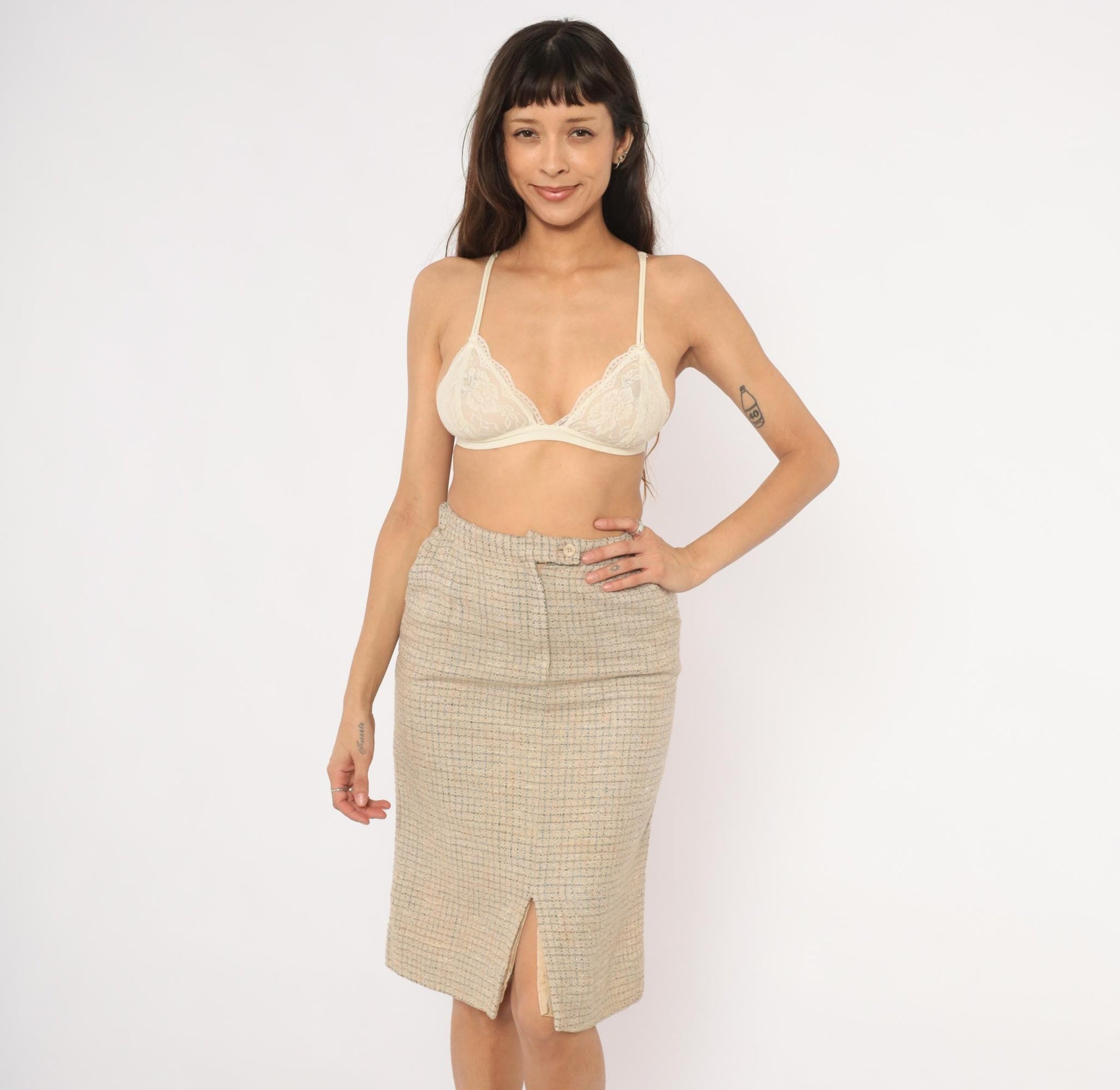 70s John Meyer Tweed Pencil Skirt Tan Houndstooth Check Knee Length Wool Small