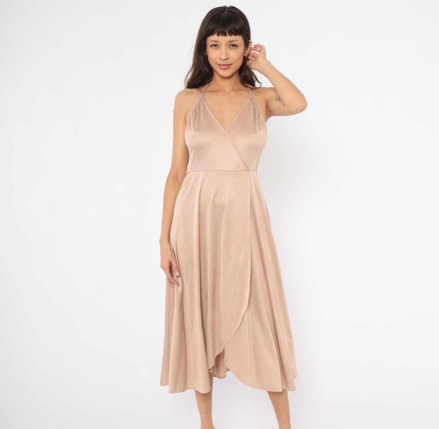 70s Nude Halter Midi Dress Wrap Front Surplice Neckline Tulip Hem Medium