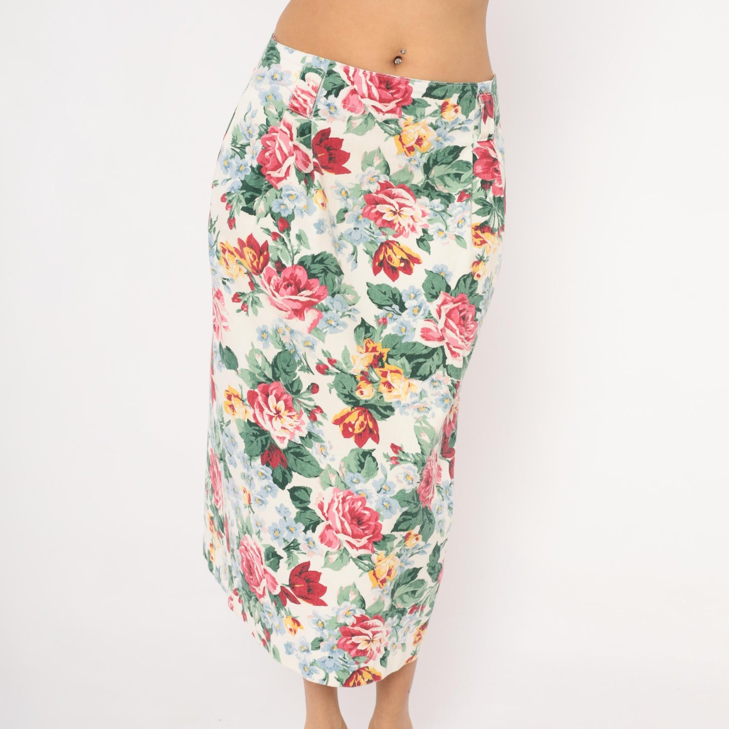 90s Gotcha Covered Floral Pencil Skirt Cream Rose Print Cotton Medium L