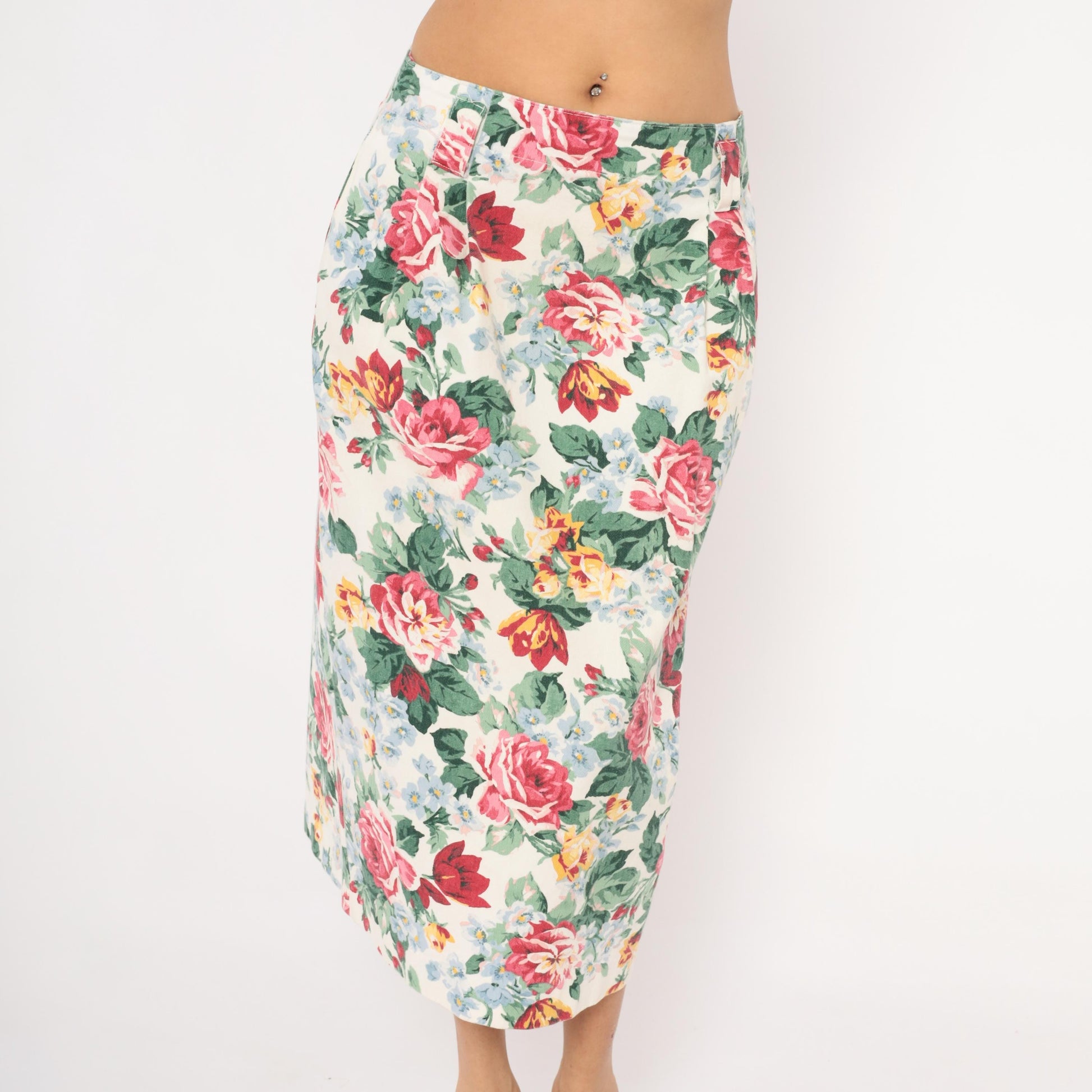 90s Gotcha Covered Floral Pencil Skirt Cream Rose Print Cotton Medium L