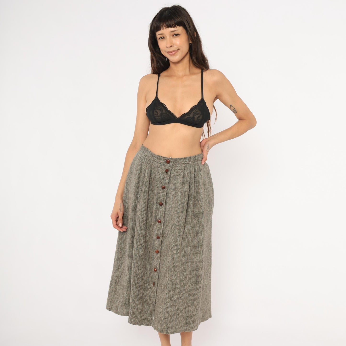 80s David Brooks Wool Herringbone Midi Skirt Grey Tan Pleated Medium L