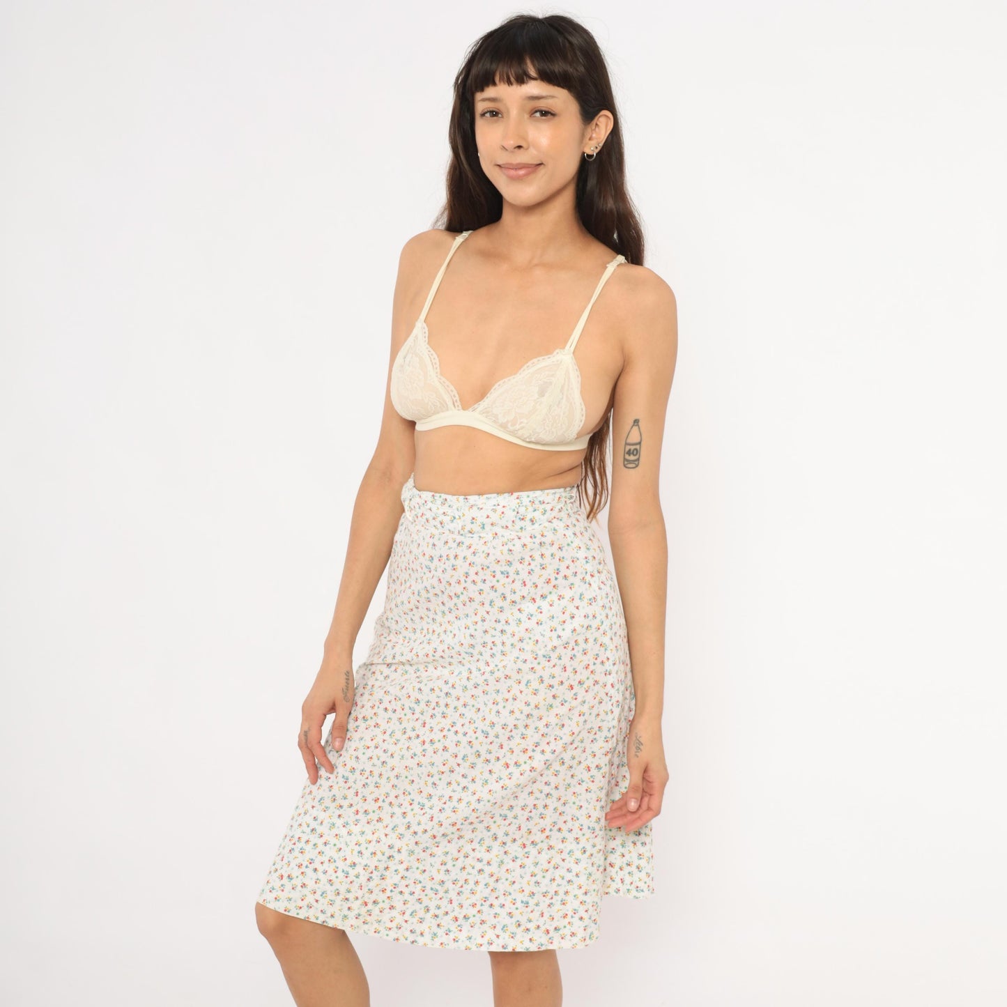 1960s Ditsy Floral A-Line Skirt White Calico Cotton Blend Small S