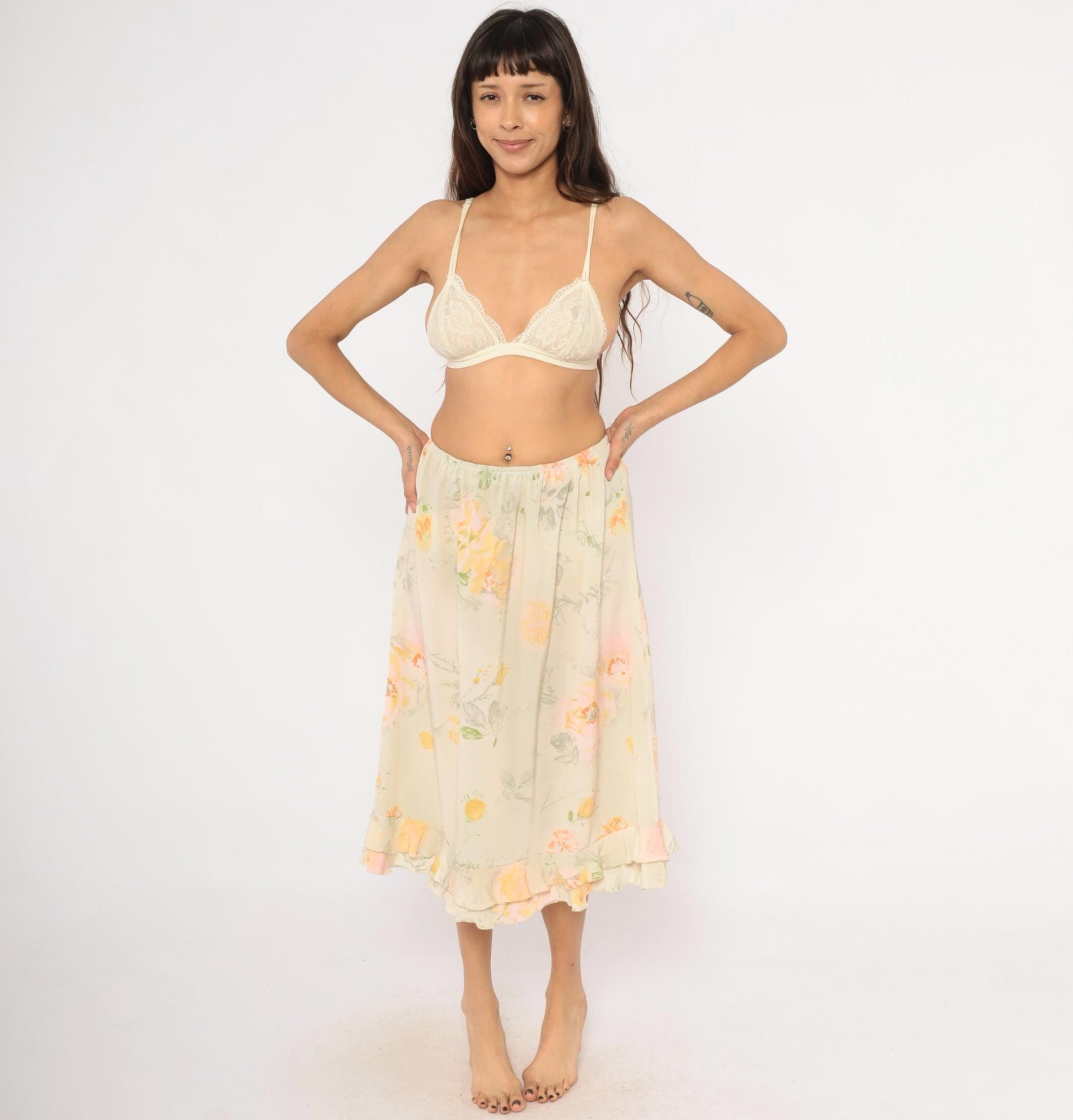90s Watercolor Floral Midi Skirt Ruffle Hem Cream Peach Sage Green Small
