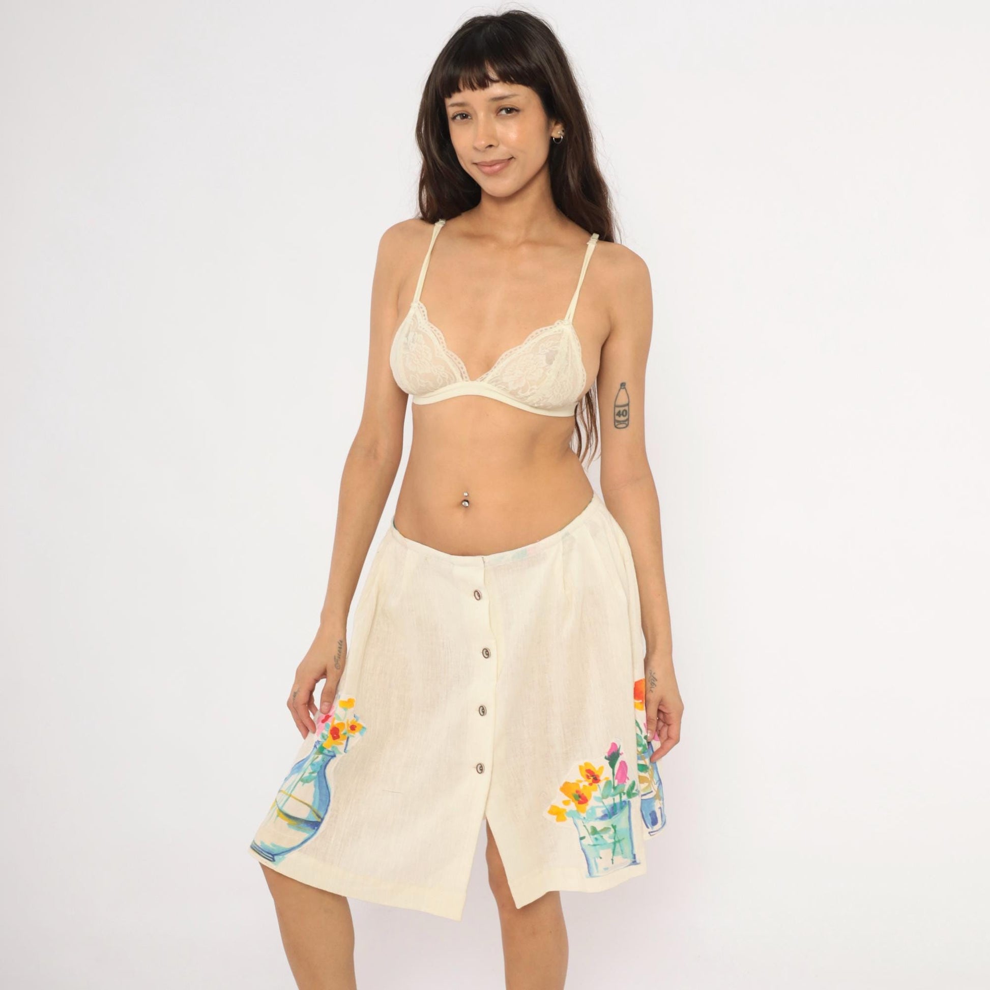 90s Cream Linen A-Line Mini Skirt Watercolor Floral Vase Appliqué Medium