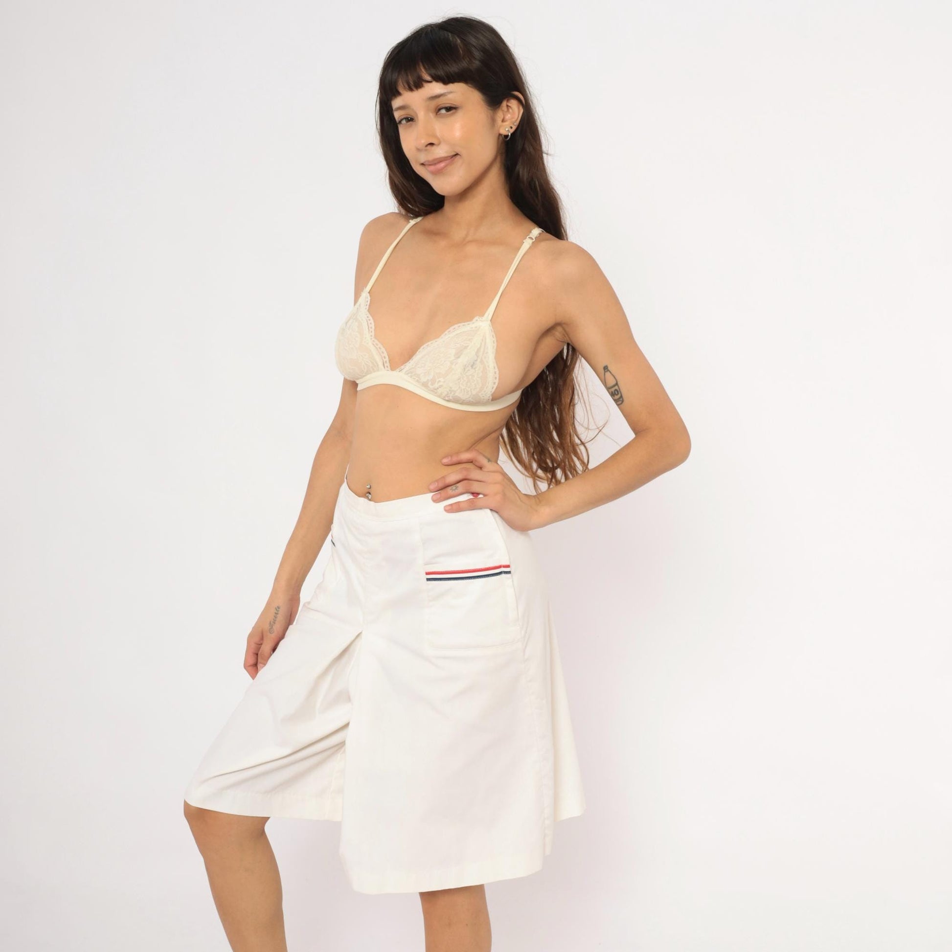70s White Pleated Culottes Red Navy Stripe Trim Cotton Preppy Medium M