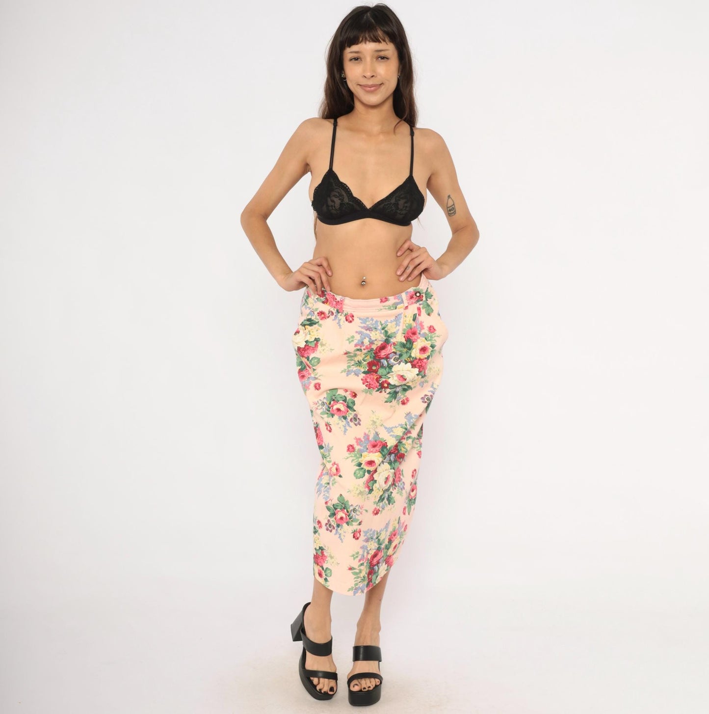 90s On The Verge Floral Midi Pencil Skirt Pink Cotton Large L