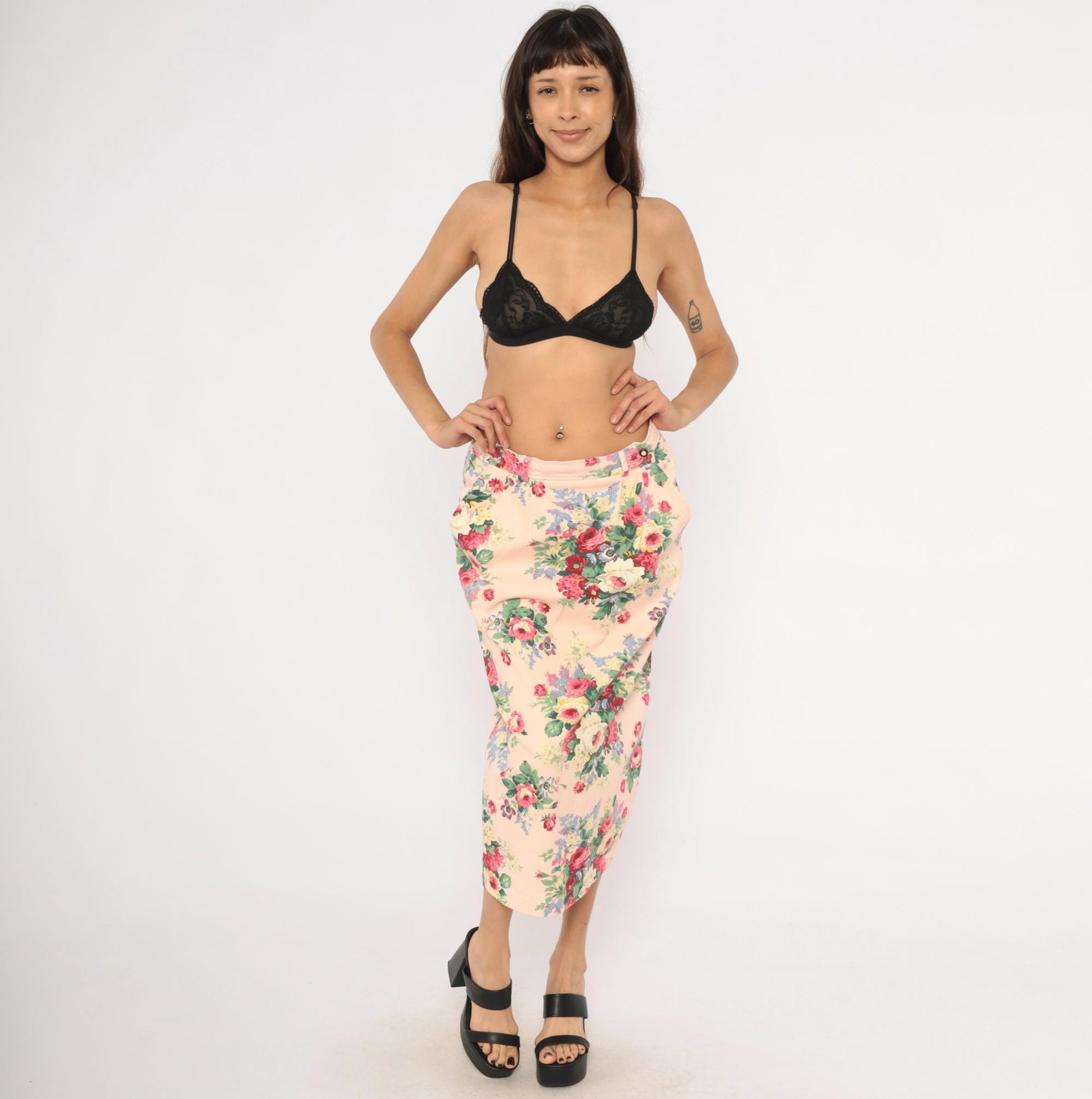 90s On The Verge Floral Midi Pencil Skirt Pink Cotton Large L