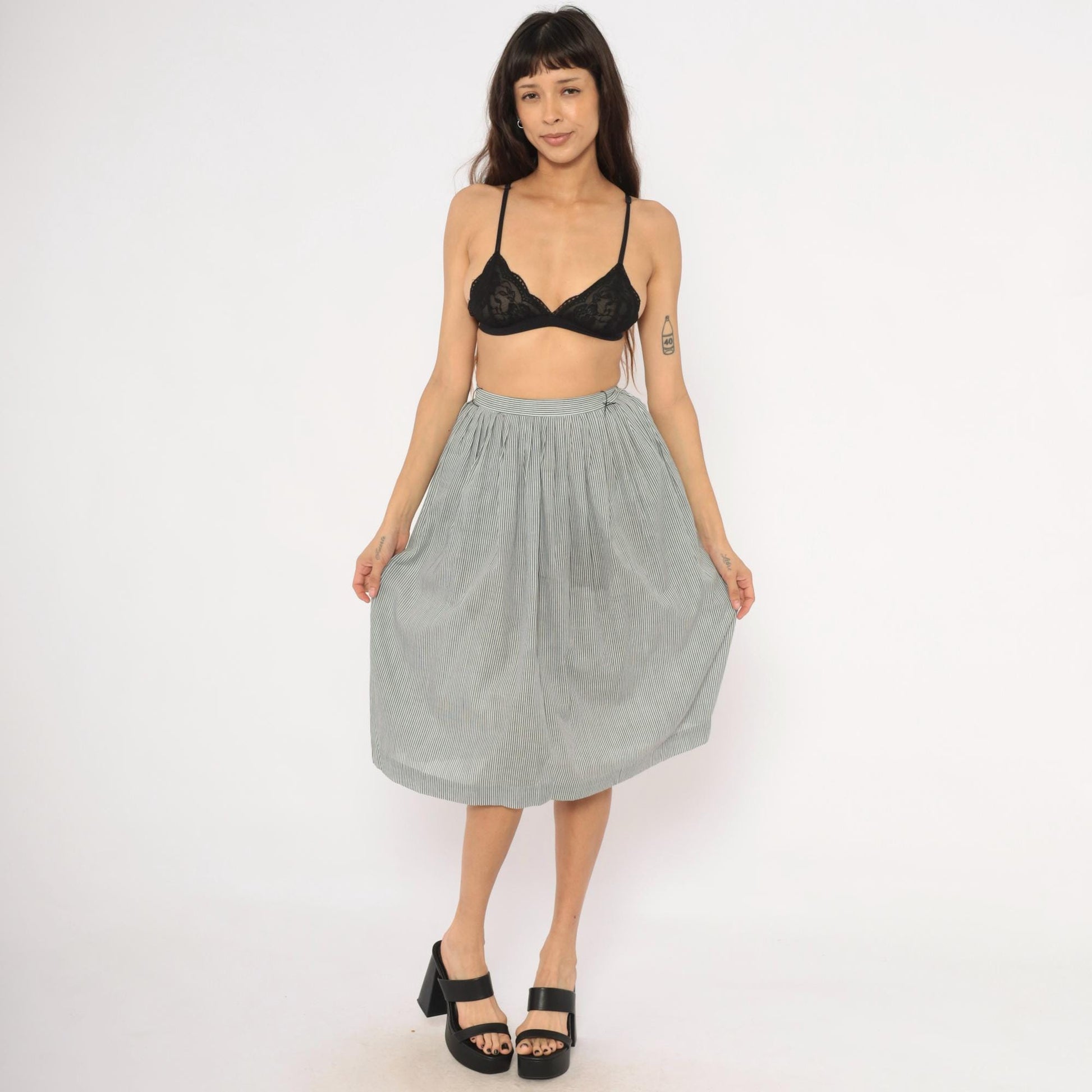 80s NR1 Grey Pinstripe Gathered Skirt Cotton Pleated High-Waisted Extra Small
