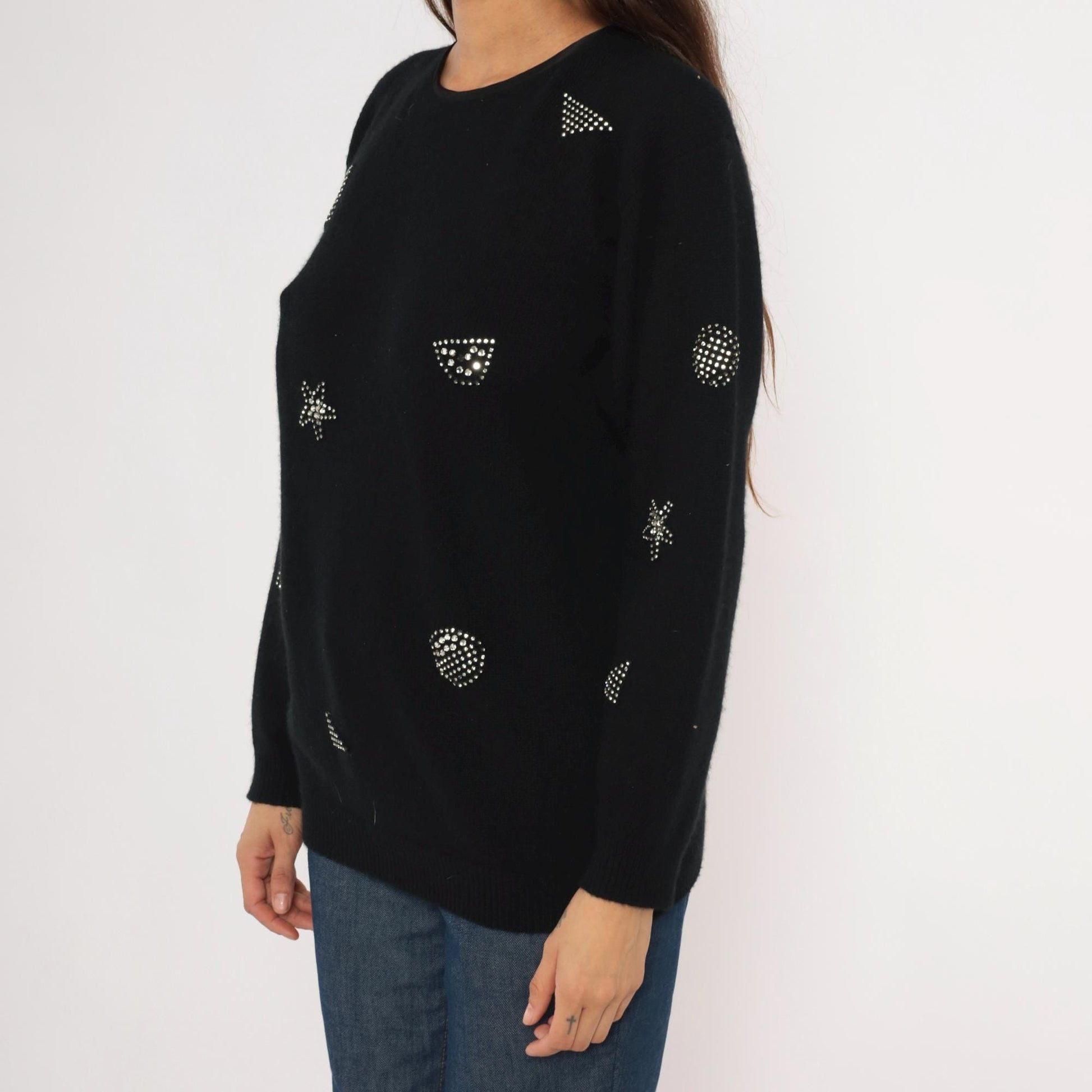 80s Adrienne Vittadini Rhinestone Studded Wool Angora Crewneck Pullover Black Medium