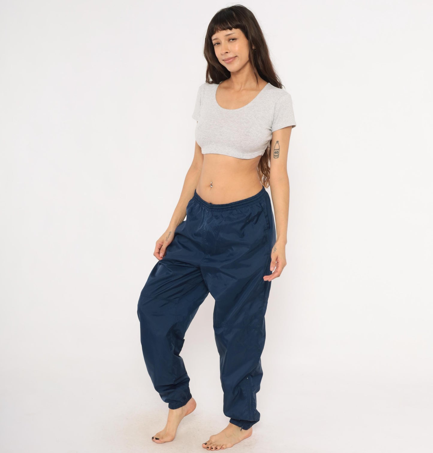 90s Nike Navy Nylon Track Pants Tapered Joggers Drawstring Large L