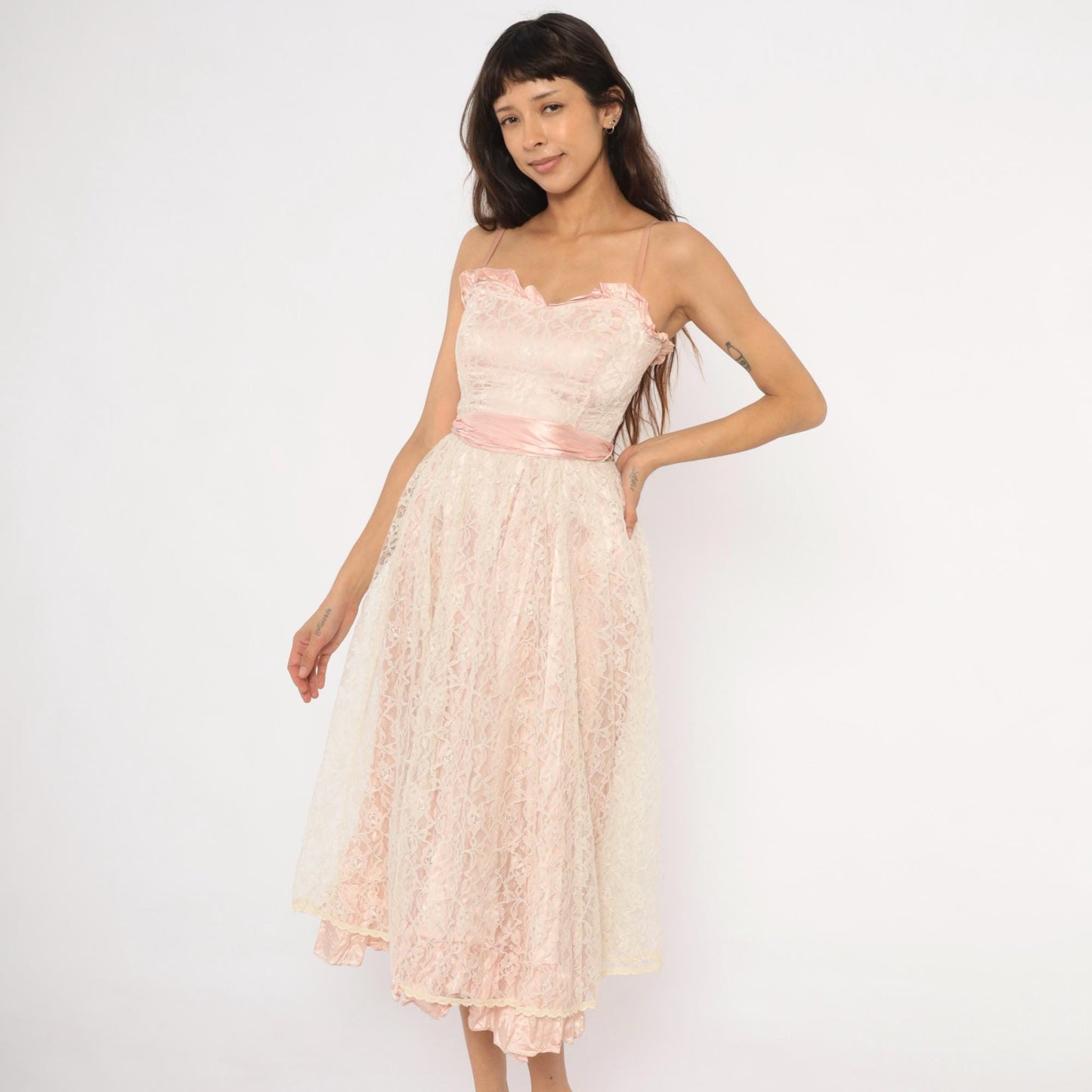 60s Blush Pink Lace Midi Dress Sweetheart Neckline Satin Bow Back Extra Small XS