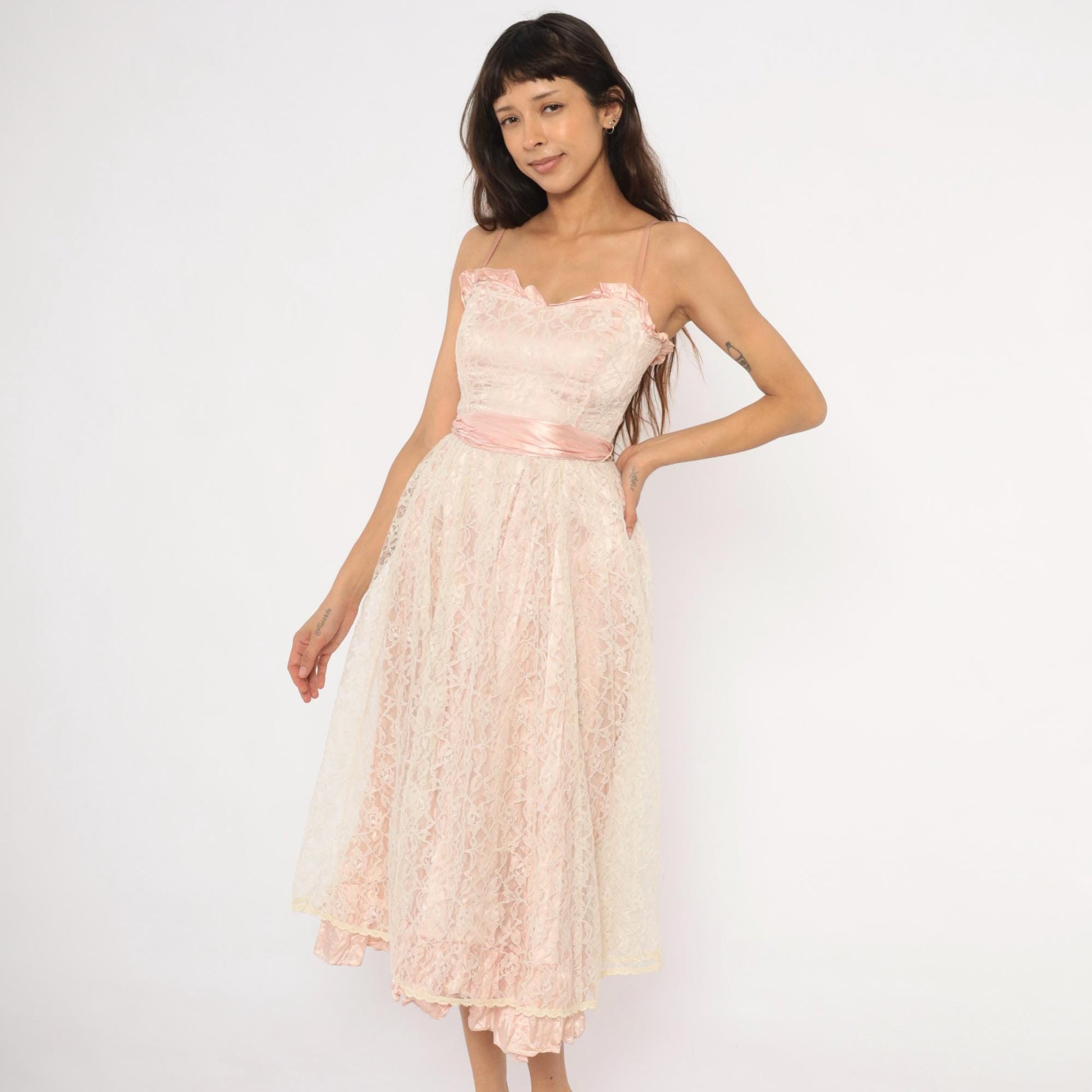 60s Blush Pink Lace Midi Dress Sweetheart Neckline Satin Bow Back Extra Small XS