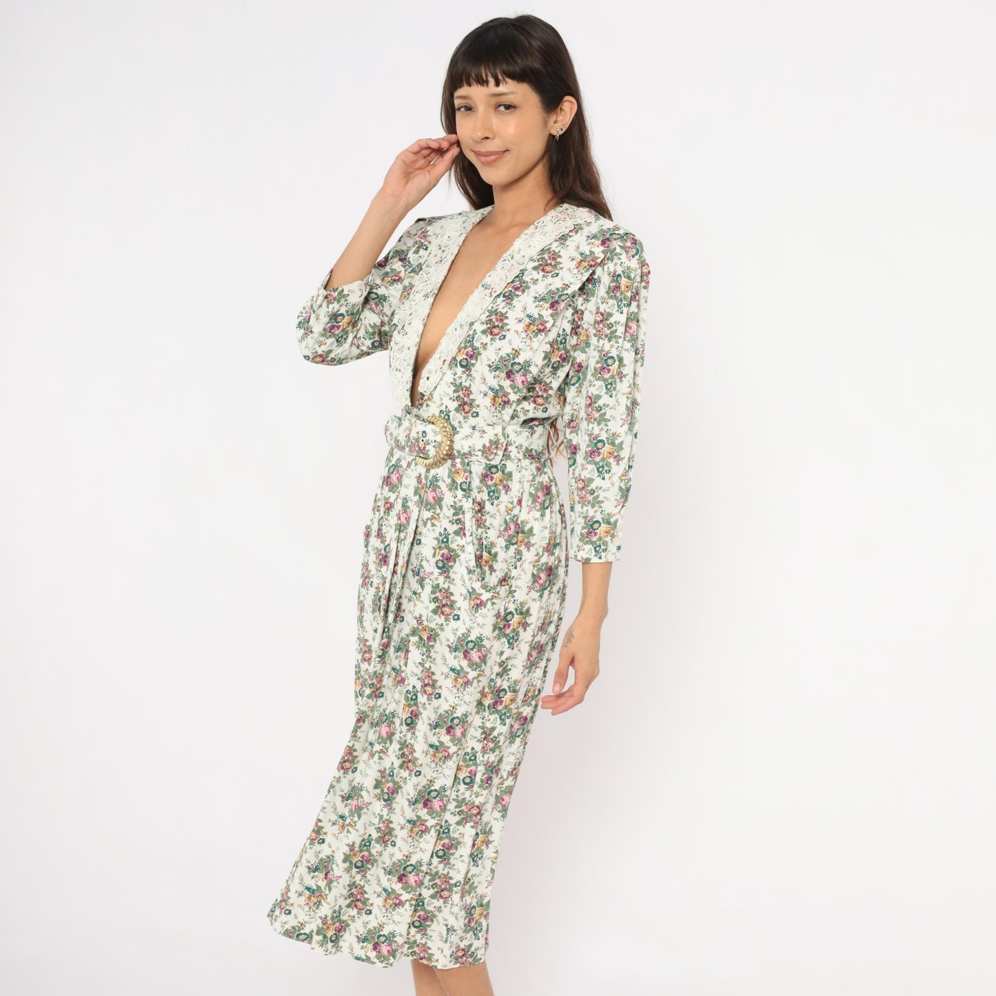 90s SL Fashions Floral Midi Dress Lace Collar V Neck Belted Gold Buckle Medium M