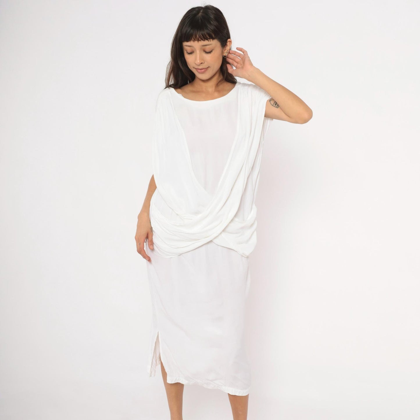 80s Police File White Grecian Midi Dress Cowl Drape Low Back Large L