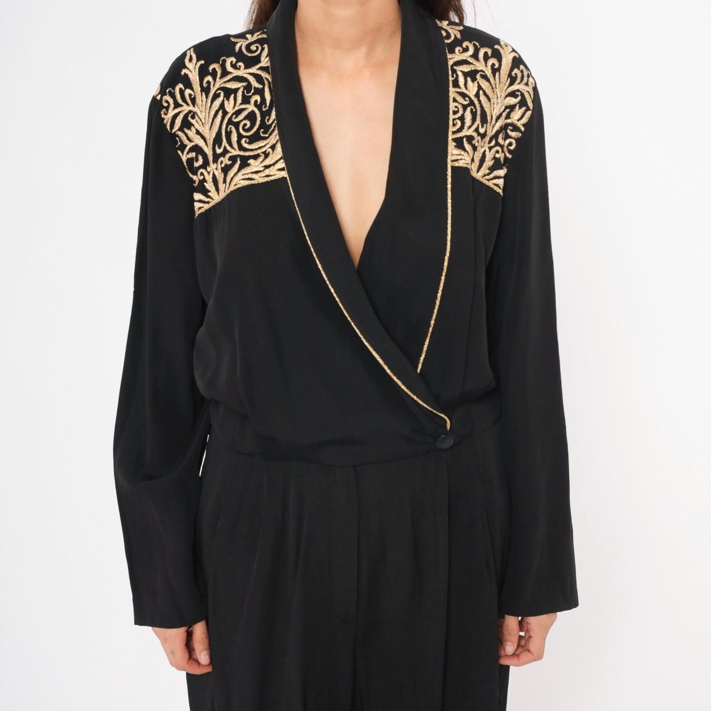 80s John Roberts Black Jumpsuit Gold Embroidered Shawl Collar Wide Leg Large L