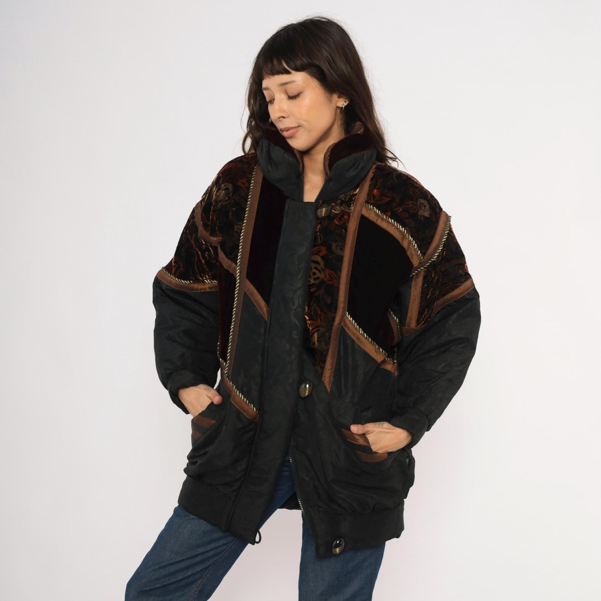 90s Frozen Dreams Velvet Patchwork Puffer Jacket Black Burgundy Extra Small