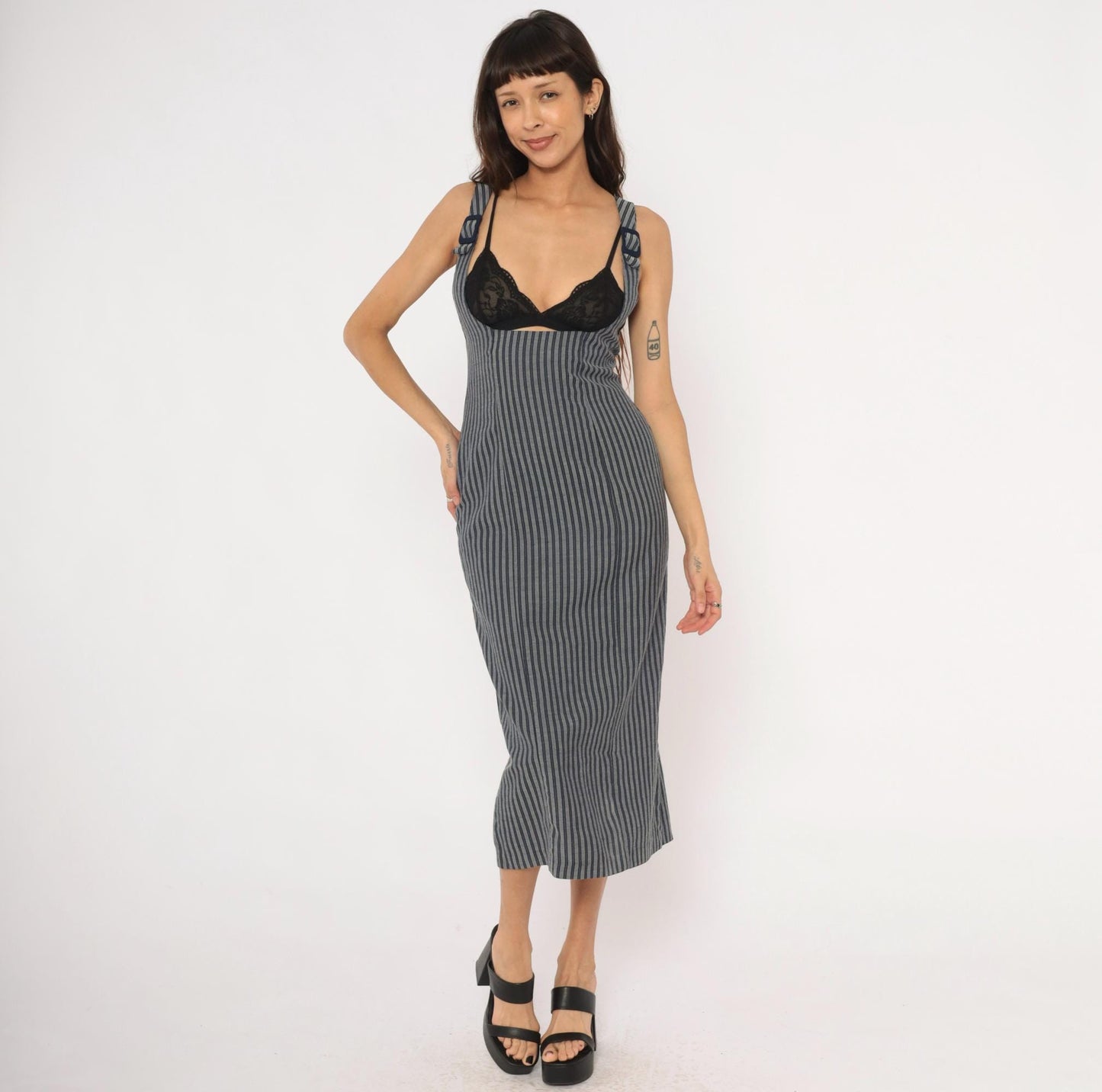90s Rampage Navy Grey Pinstripe Midi Dress Fitted Sleeveless Small S