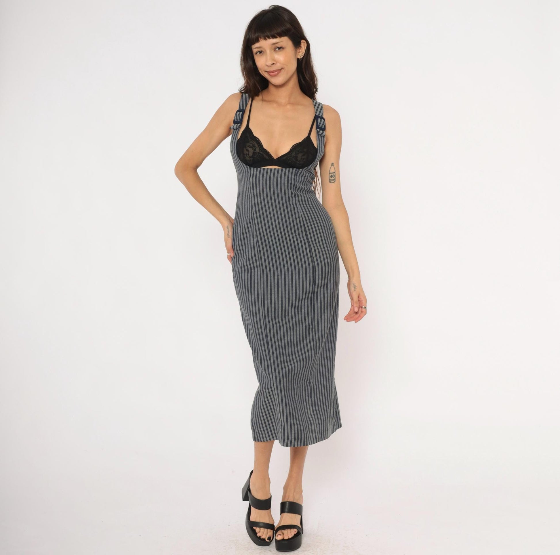90s Rampage Navy Grey Pinstripe Midi Dress Fitted Sleeveless Small S