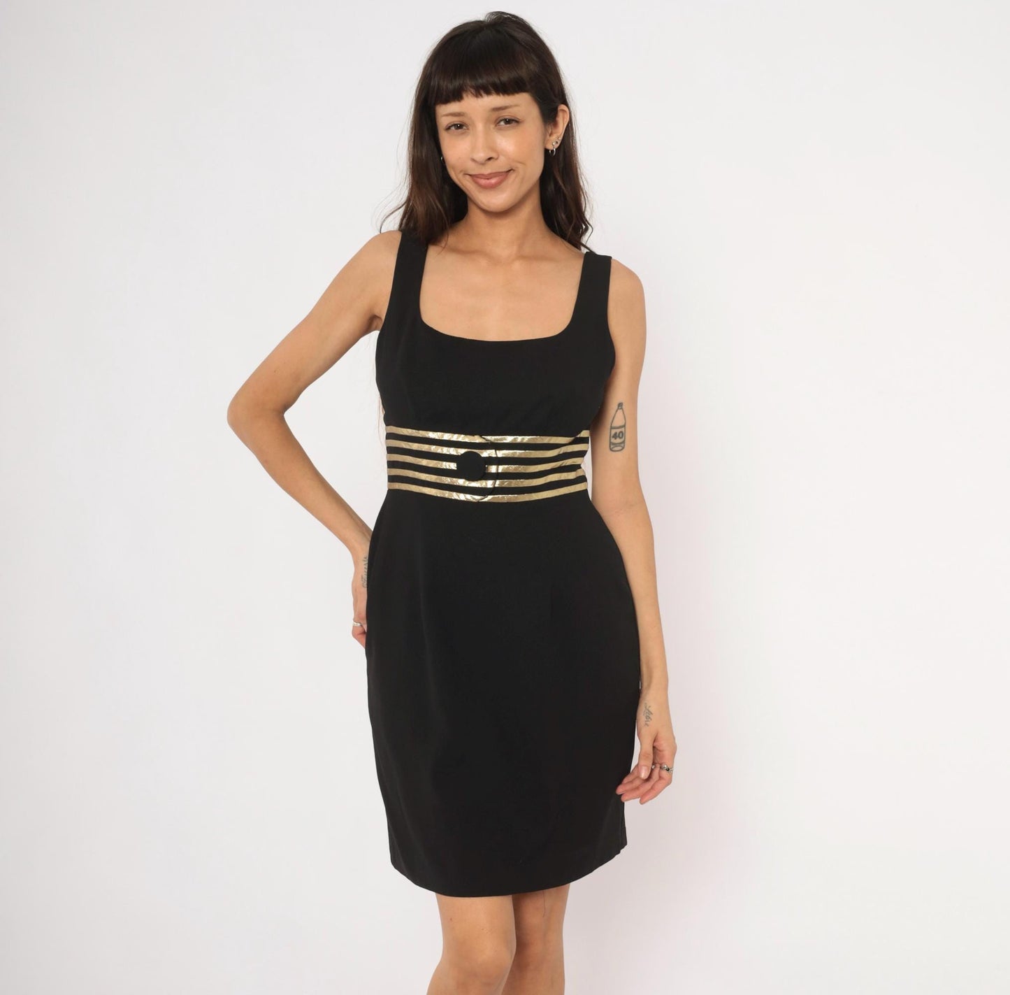 90s Datiani Black Mini Dress Gold Striped Waistband Sleeveless Medium M