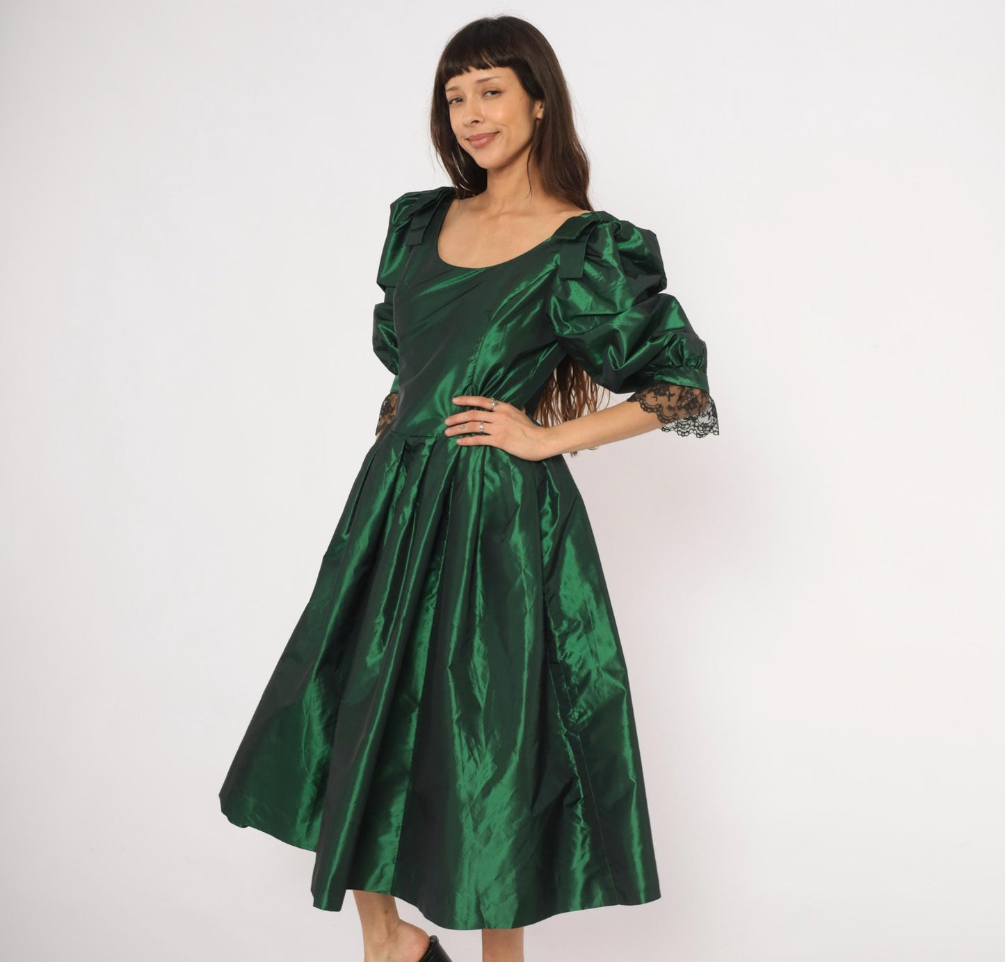 60s Emerald Taffeta Gown Puff Sleeve Forest Green Bow Shoulder Lace Cuff Large