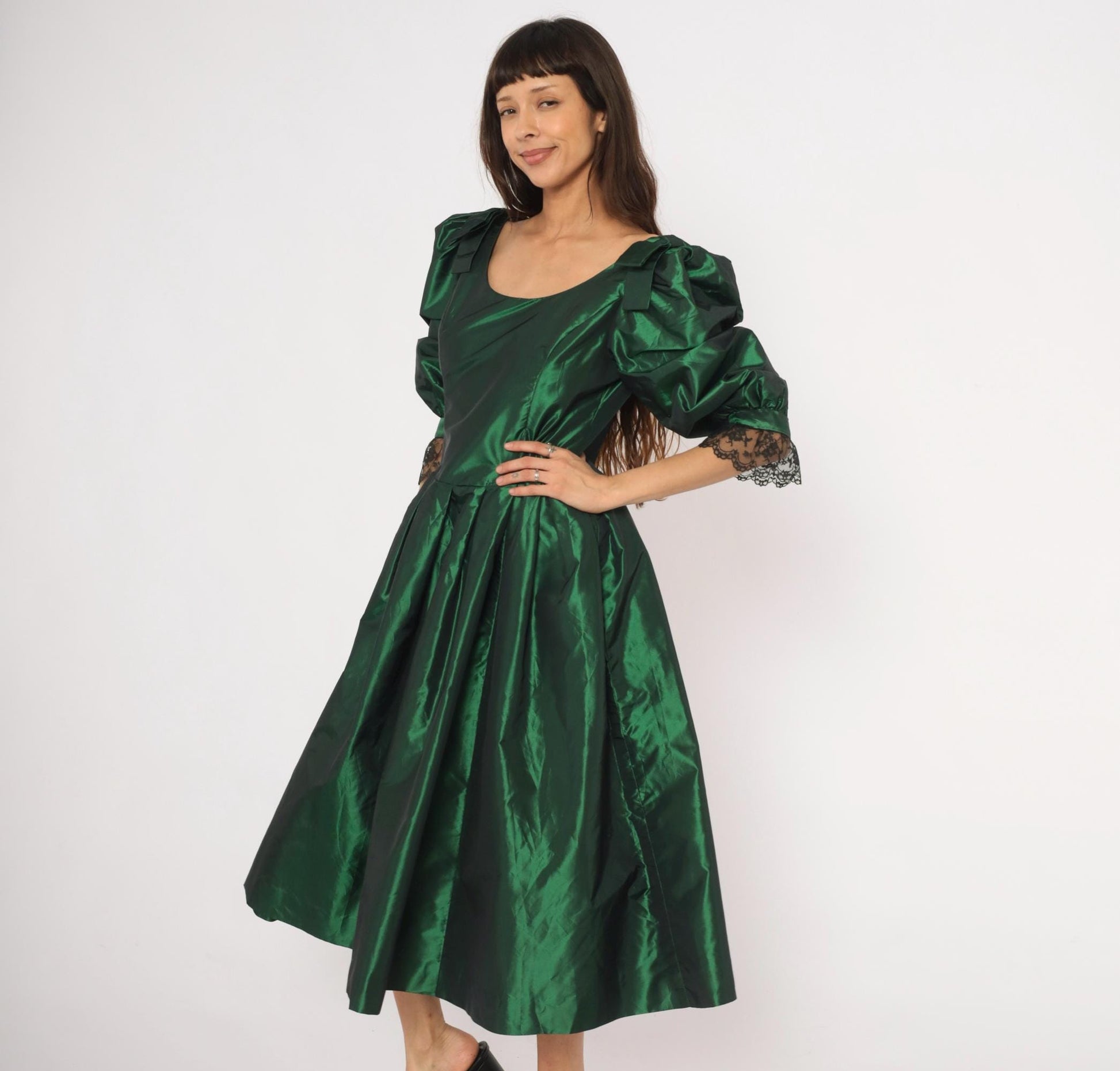 60s Emerald Taffeta Gown Puff Sleeve Forest Green Bow Shoulder Lace Cuff Large