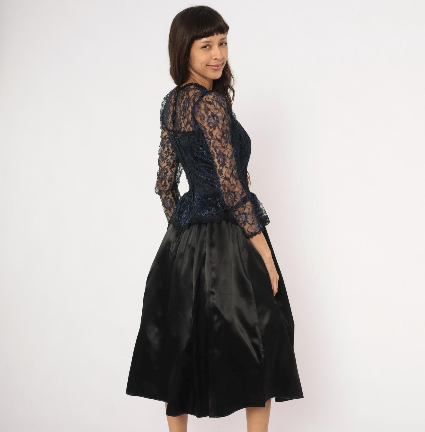 80s Gunne Sax Black Navy Floral Lace Peplum Sweetheart Gown Medium M