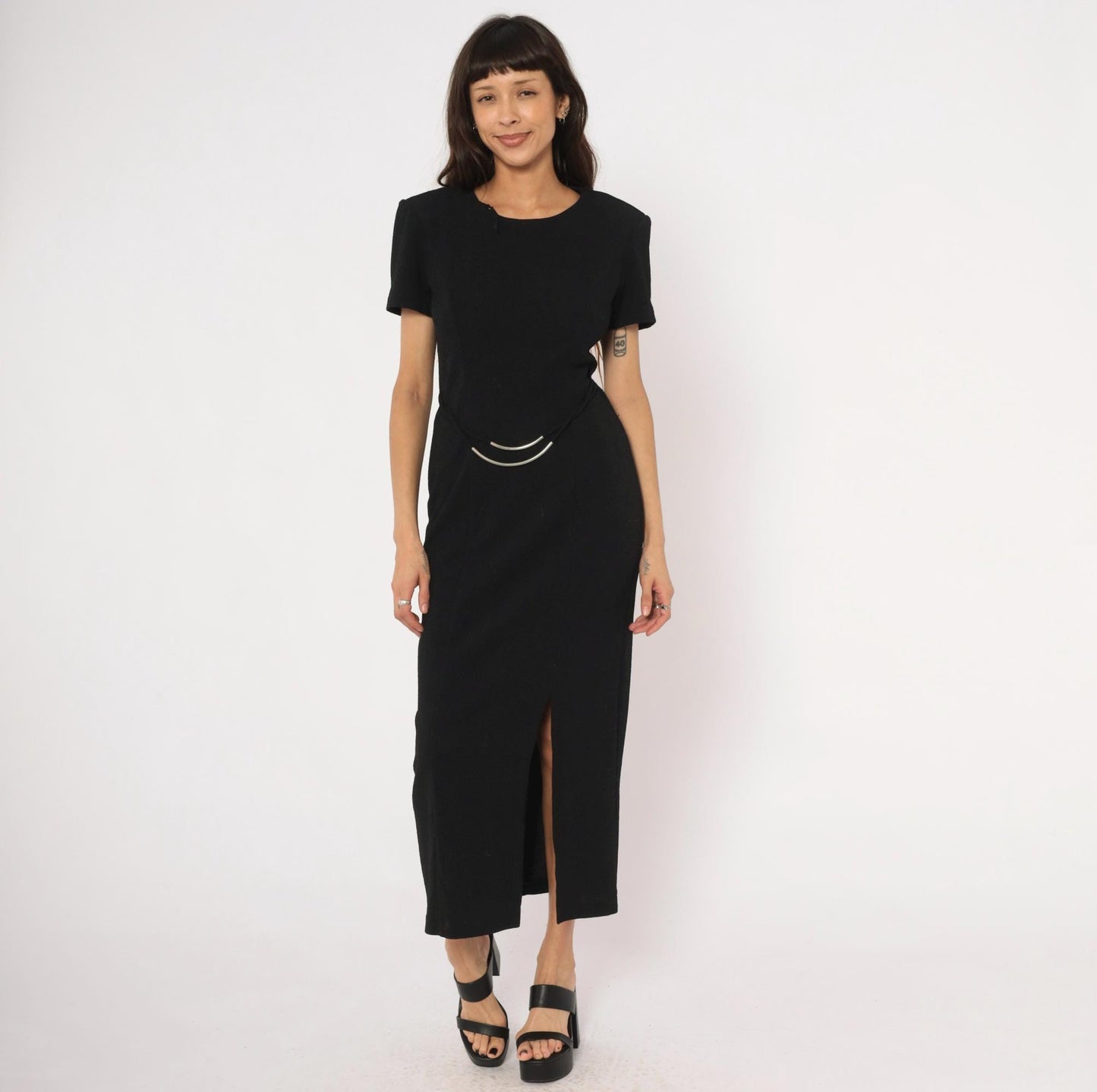 90s Scarlett Black Maxi Dress Silver Metal Waist Accents Short Sleeve Small