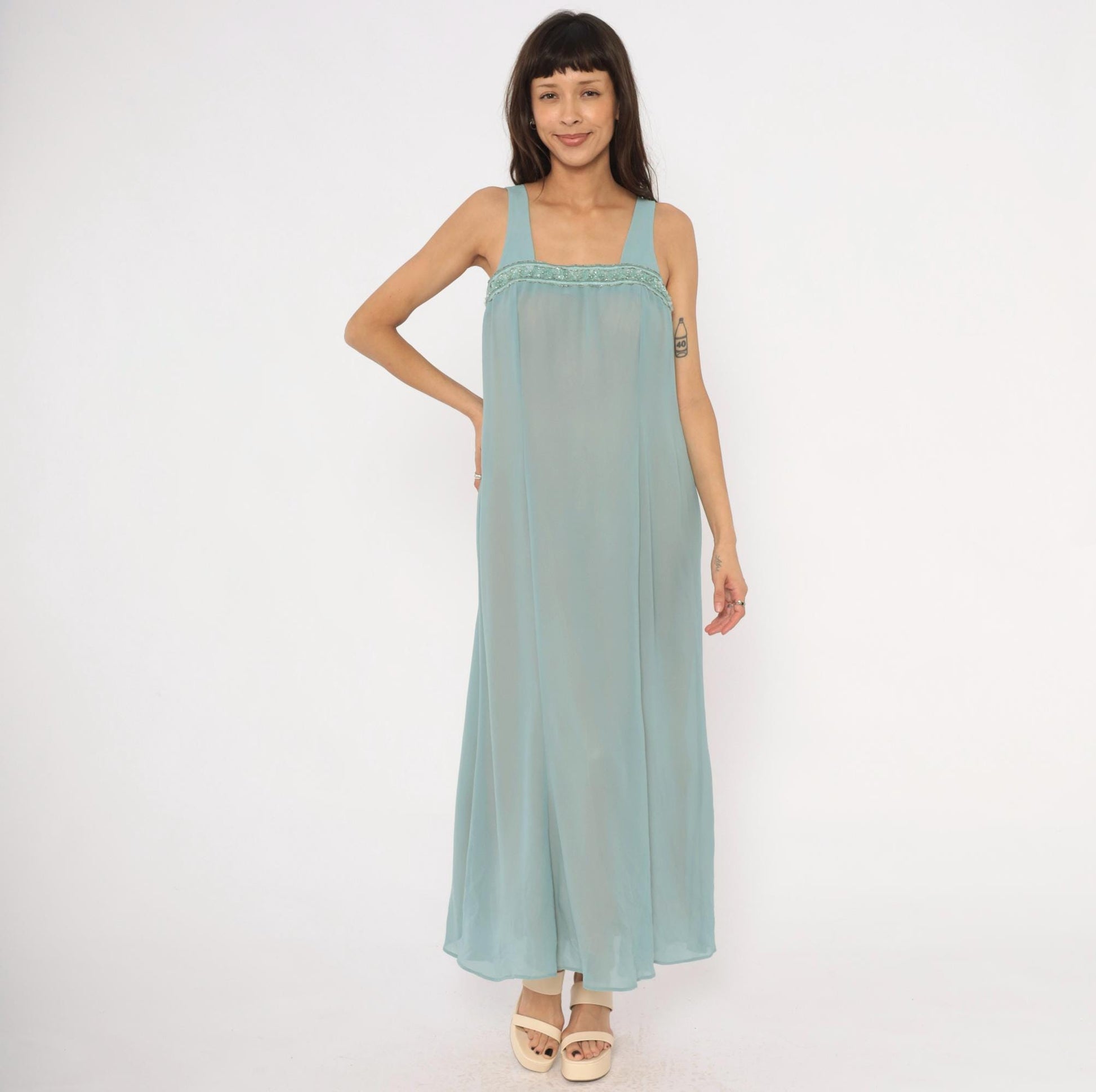 80s Ursula Ice Blue Maxi Dress Beaded Chiffon Empire Waist Small