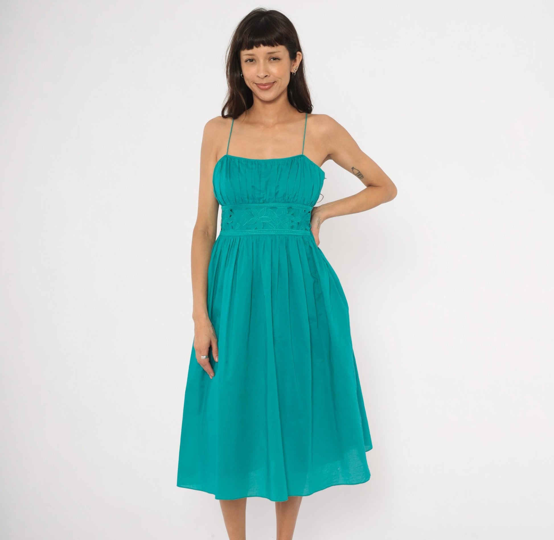 90s Jessica Howard Teal Midi Sundress Embroidered Eyelet Cotton Small