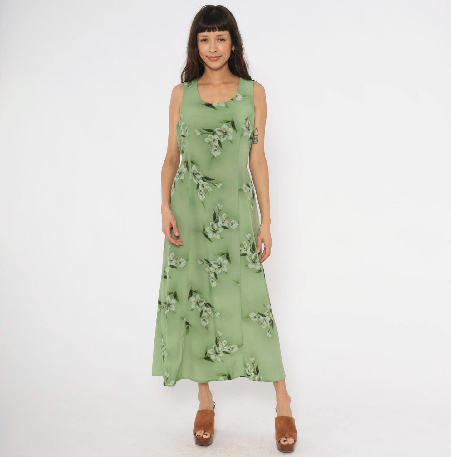 90s Fashion Bug Sage Green Floral Maxi Dress Sleeveless A-Line Large L