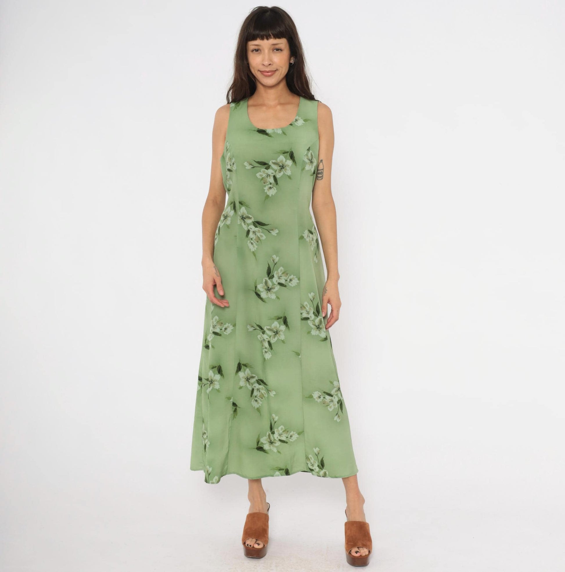 90s Fashion Bug Sage Green Floral Maxi Dress Sleeveless A-Line Large L