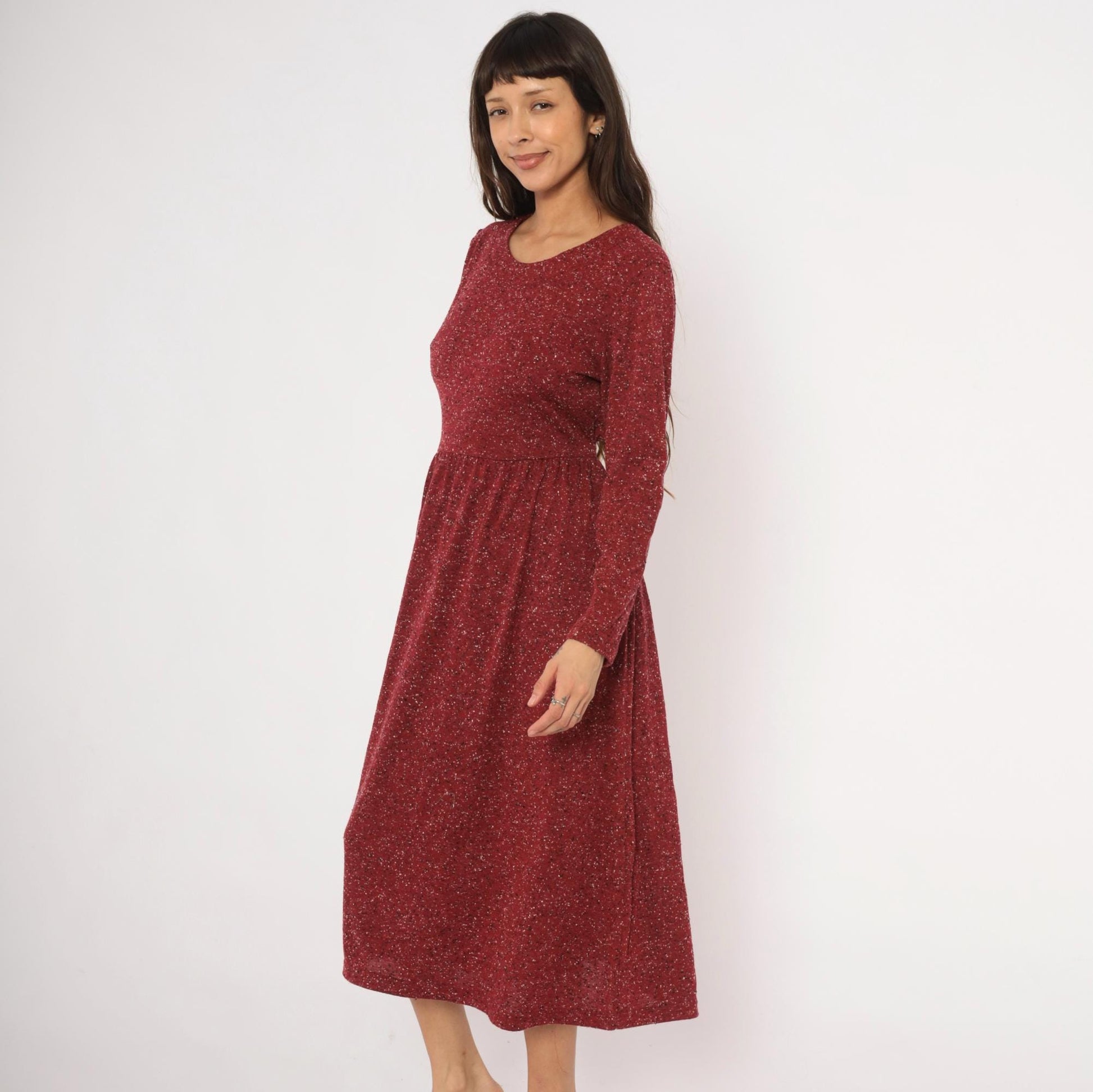 90s Alias Burgundy Speckled Knit Midi Dress Tie Back Medium M