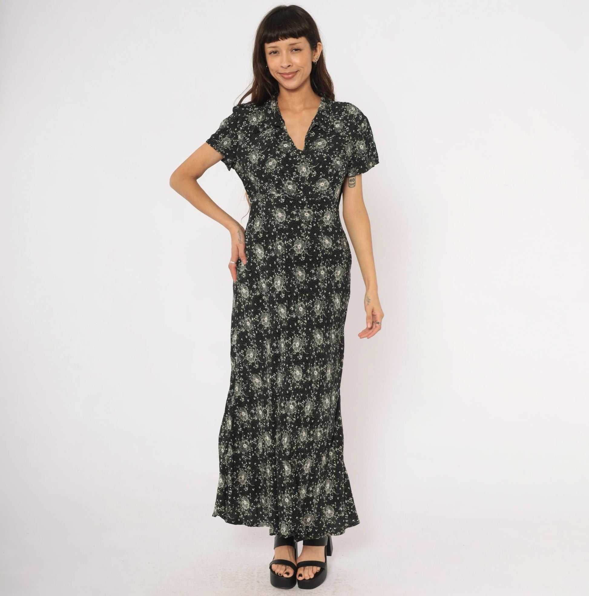 90s Scarlett Black Floral Maxi Dress White Dotted Short Sleeve Collared Large L