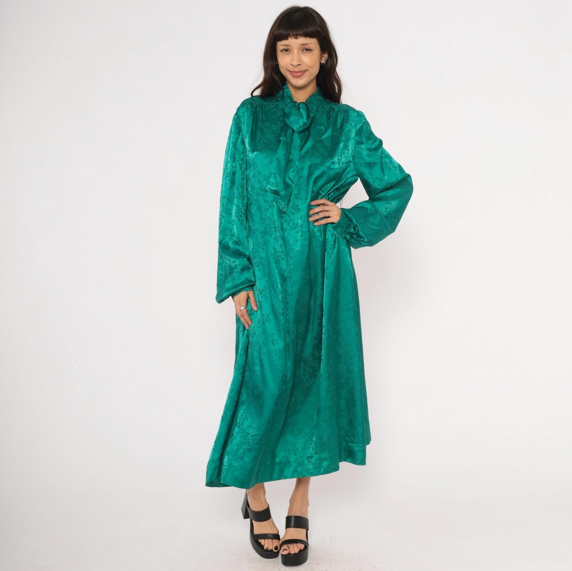 90s Teal Jacquard Maxi Dress Pussy Bow Balloon Sleeve Damask Emerald Extra Large