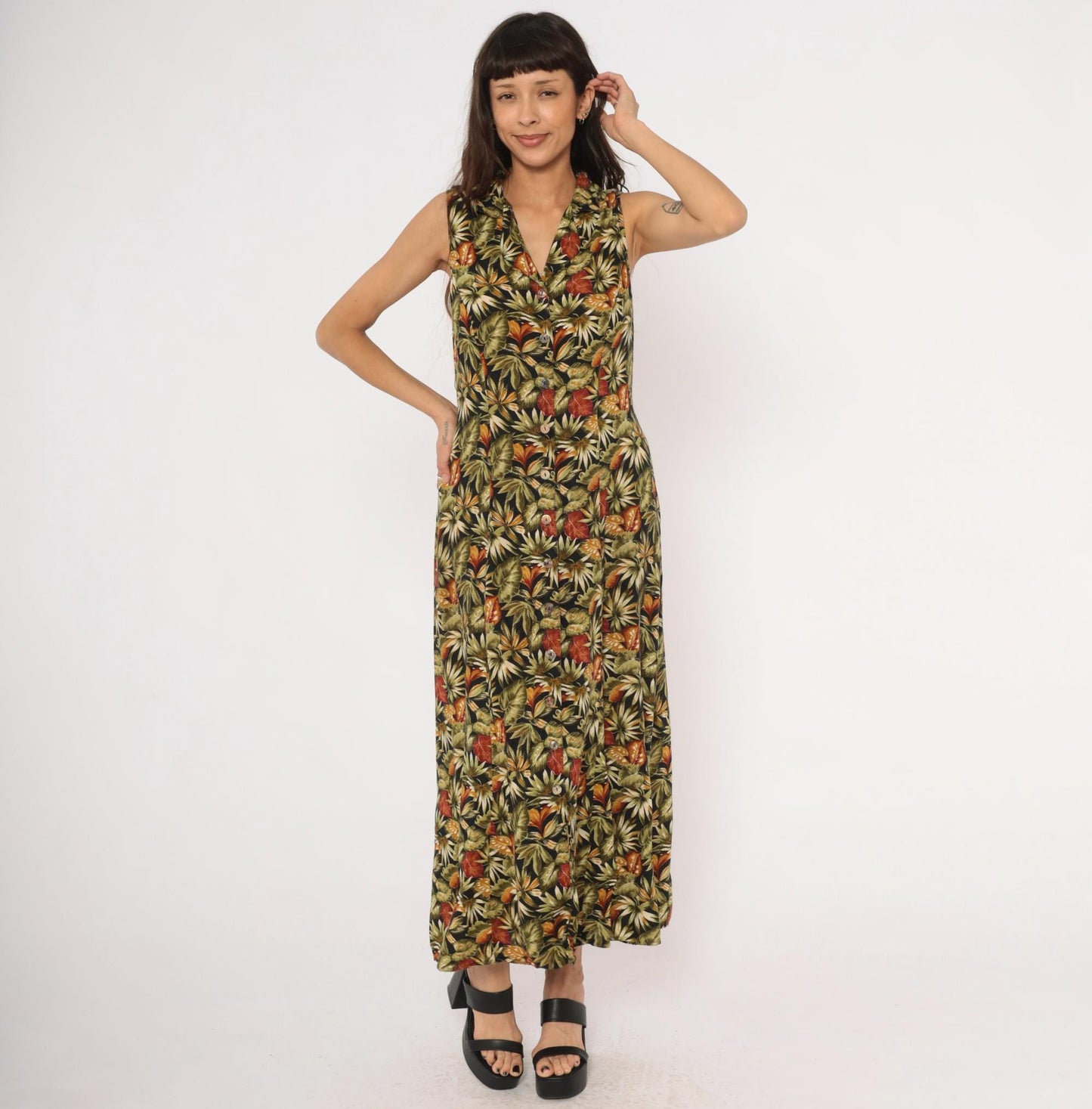 90s Teddi Tropical Leaf Maxi Dress Sleeveless Olive Green Medium M