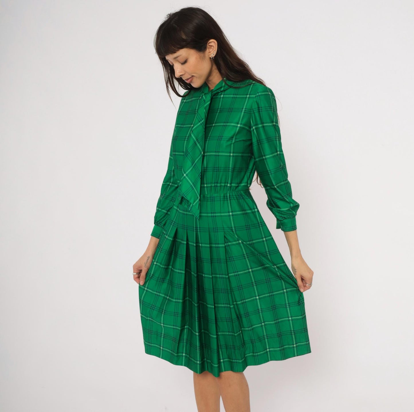 70s Nat Kap Lan Emerald Plaid Dress Pussy Bow Knee-Length Medium M
