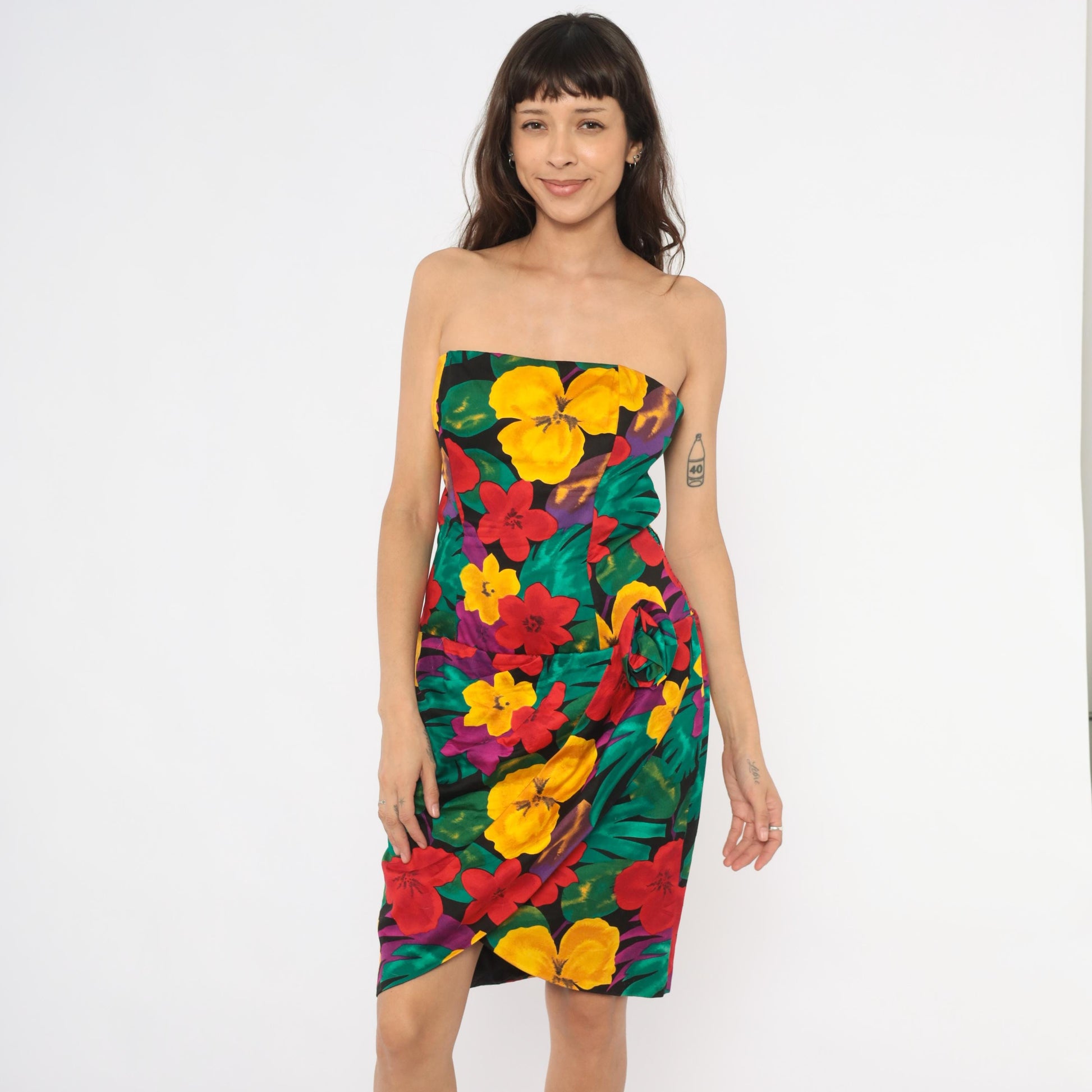 90s Positively Ellyn Tropical Floral Strapless Dress Knee-Length Wrap Skirt Large