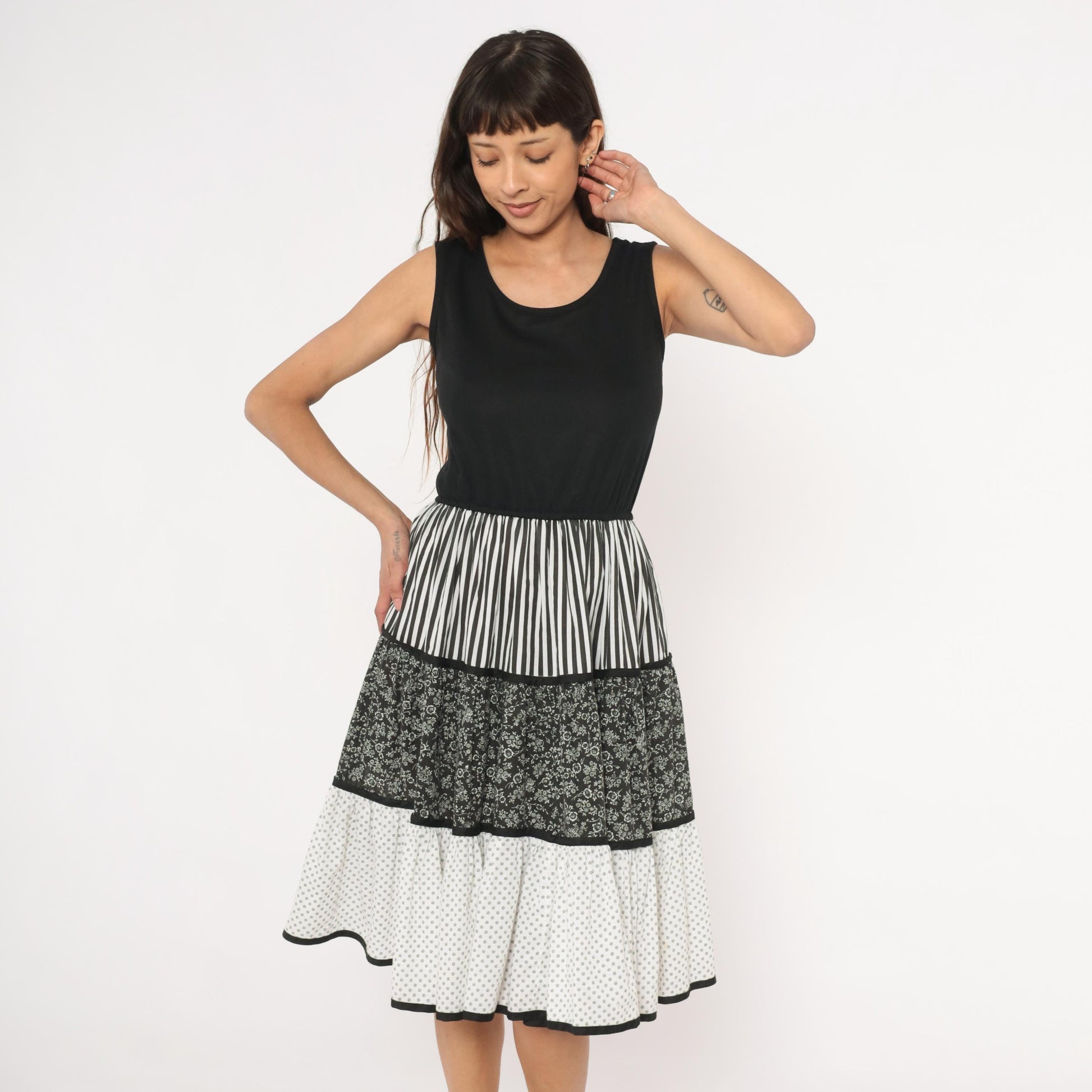 80s Mixed Print Tiered Sundress Black White Floral Striped Polka Dot Medium