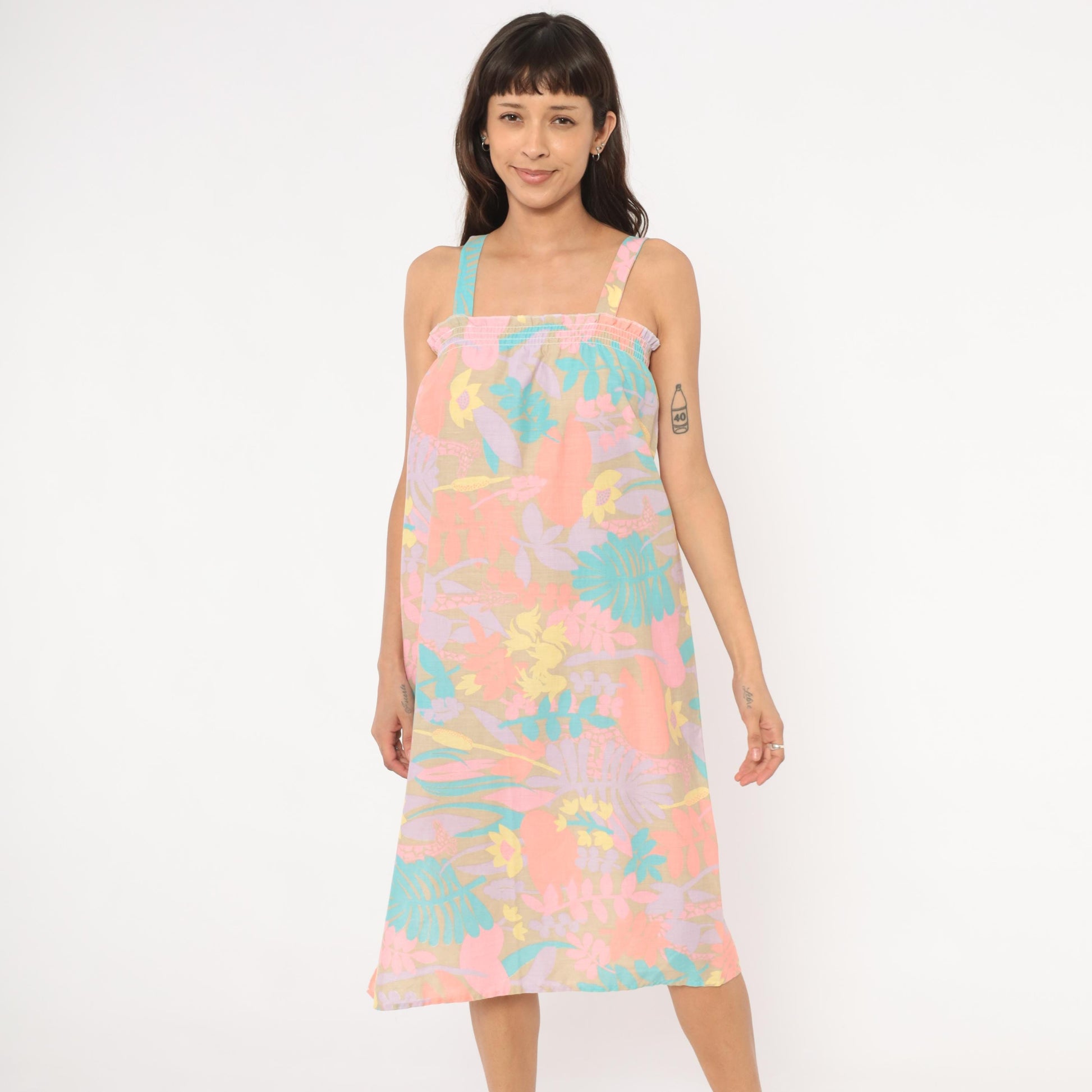 80s Tropical Floral Giraffe Sundress Pastel Coral Lavender Shift Small M