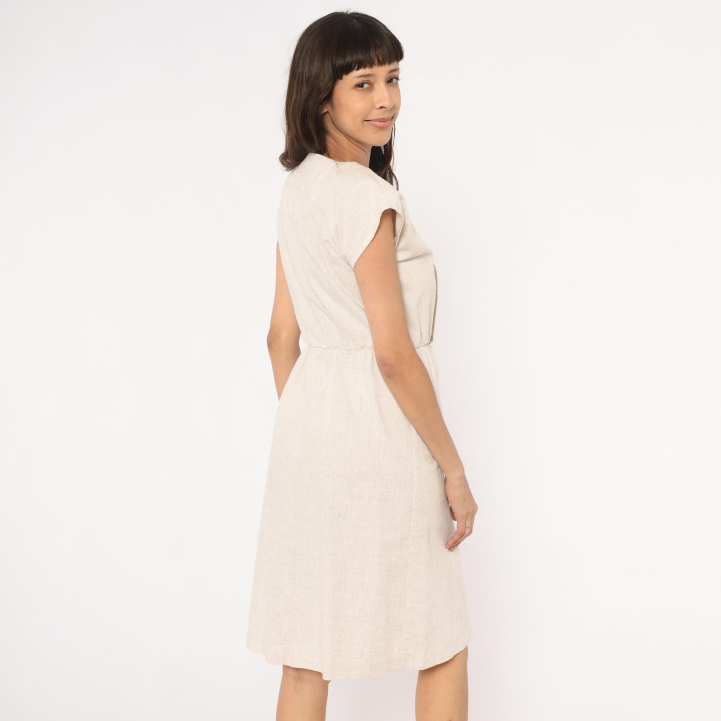 80s Oatmeal Linen Sheath Dress Square Neck Cap Sleeve Knee Length Small