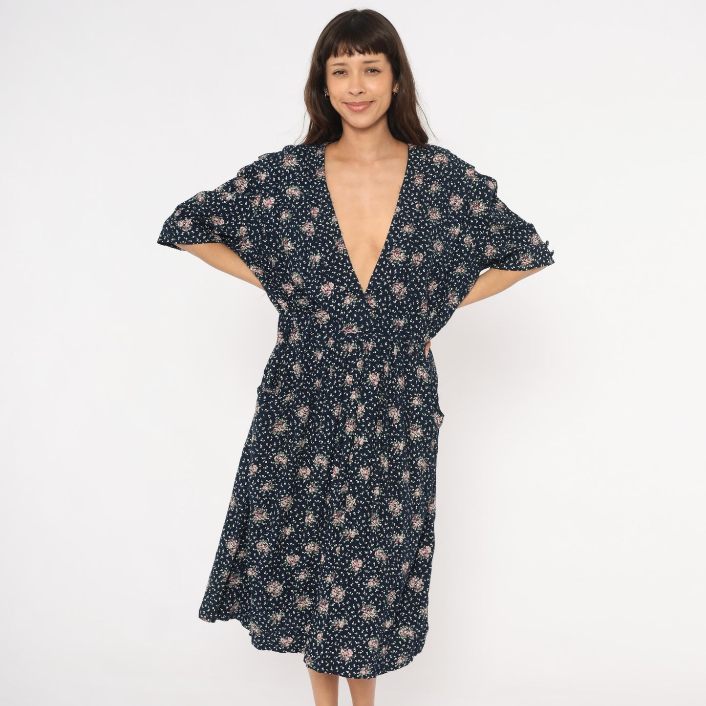 90s Navy Floral Midi Dress Pink Rose Print Deep V Neck Short Sleeve XL