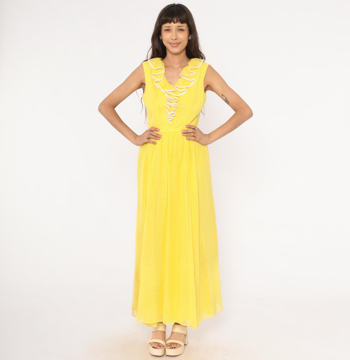 70s Miss Elliette Yellow Polka Dot Maxi Dress Ruffled V-Neck Medium M
