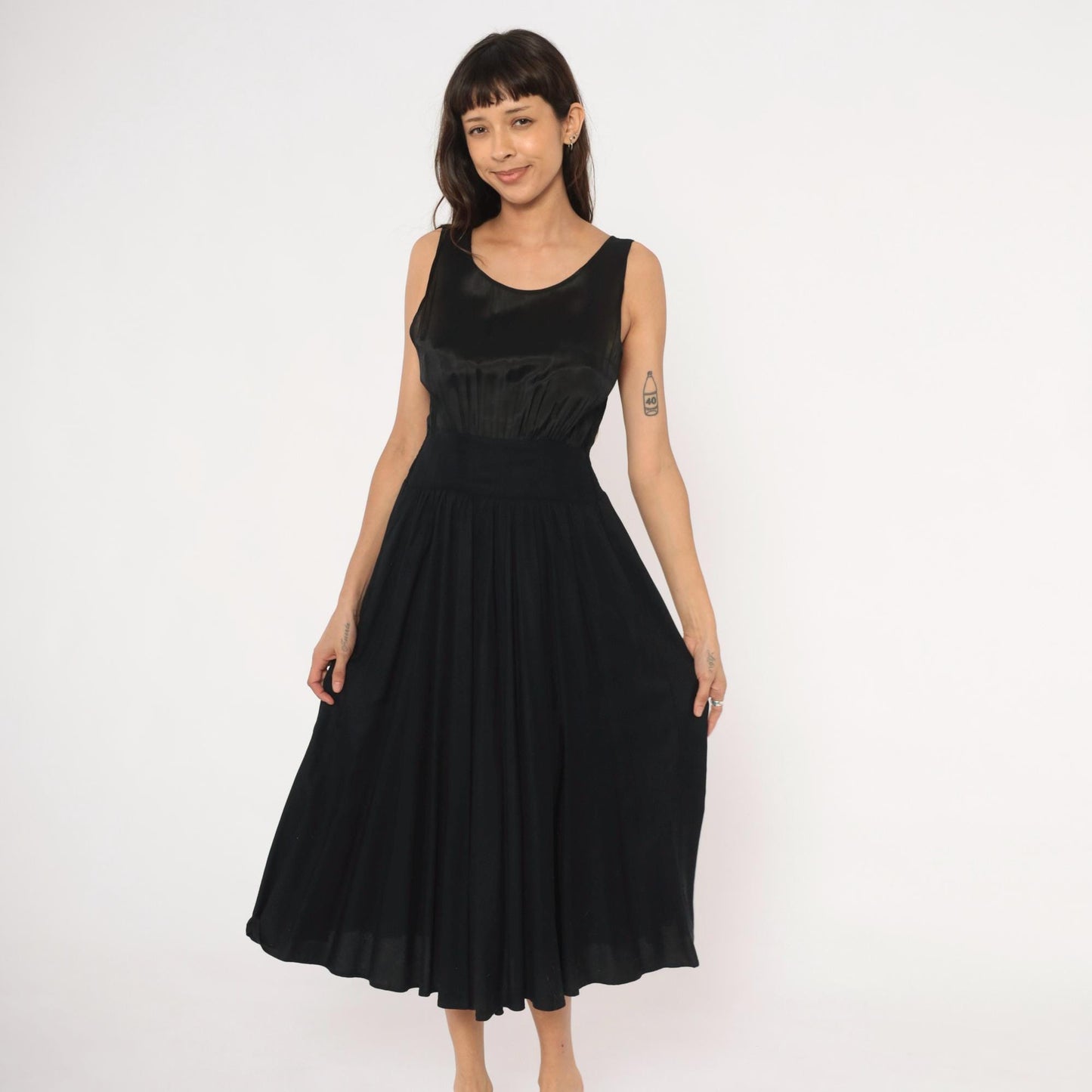 90s Black Satin Bodice Midi Dress Sleeveless Scoop Neck Flared Skirt Small