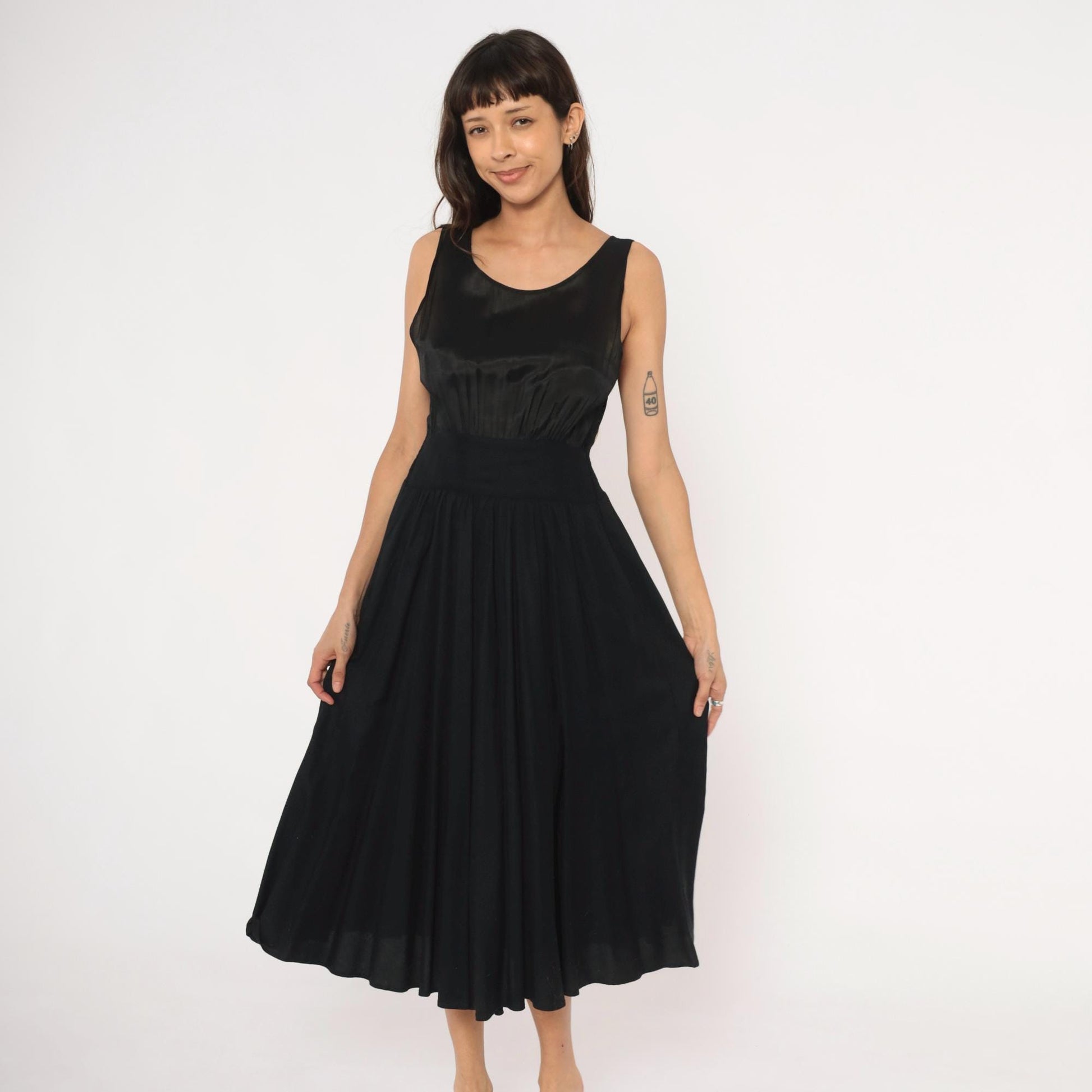 90s Black Satin Bodice Midi Dress Sleeveless Scoop Neck Flared Skirt Small