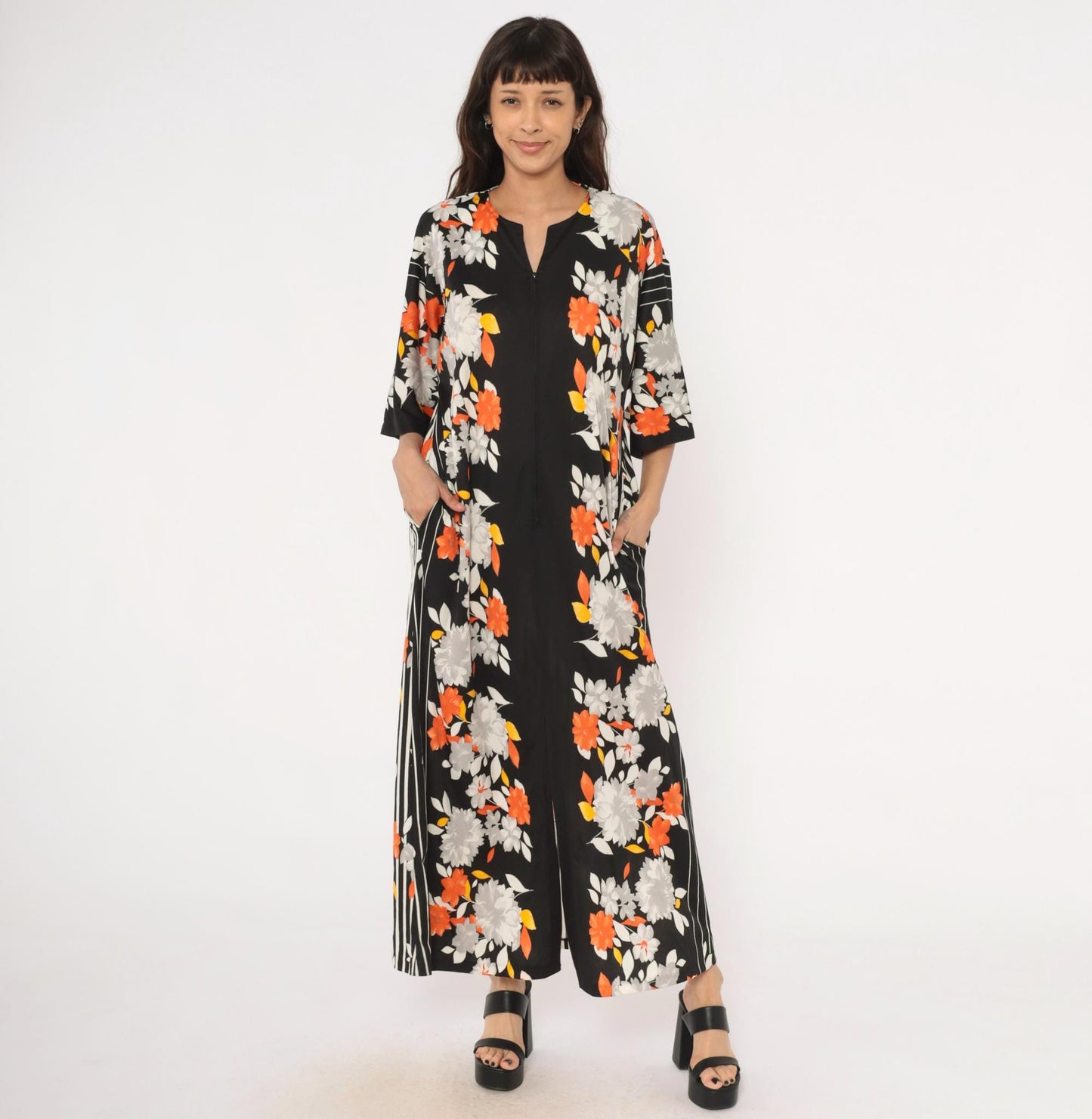 70s Miss Tique California Floral Kaftan Maxi Dress Black Orange Medium M